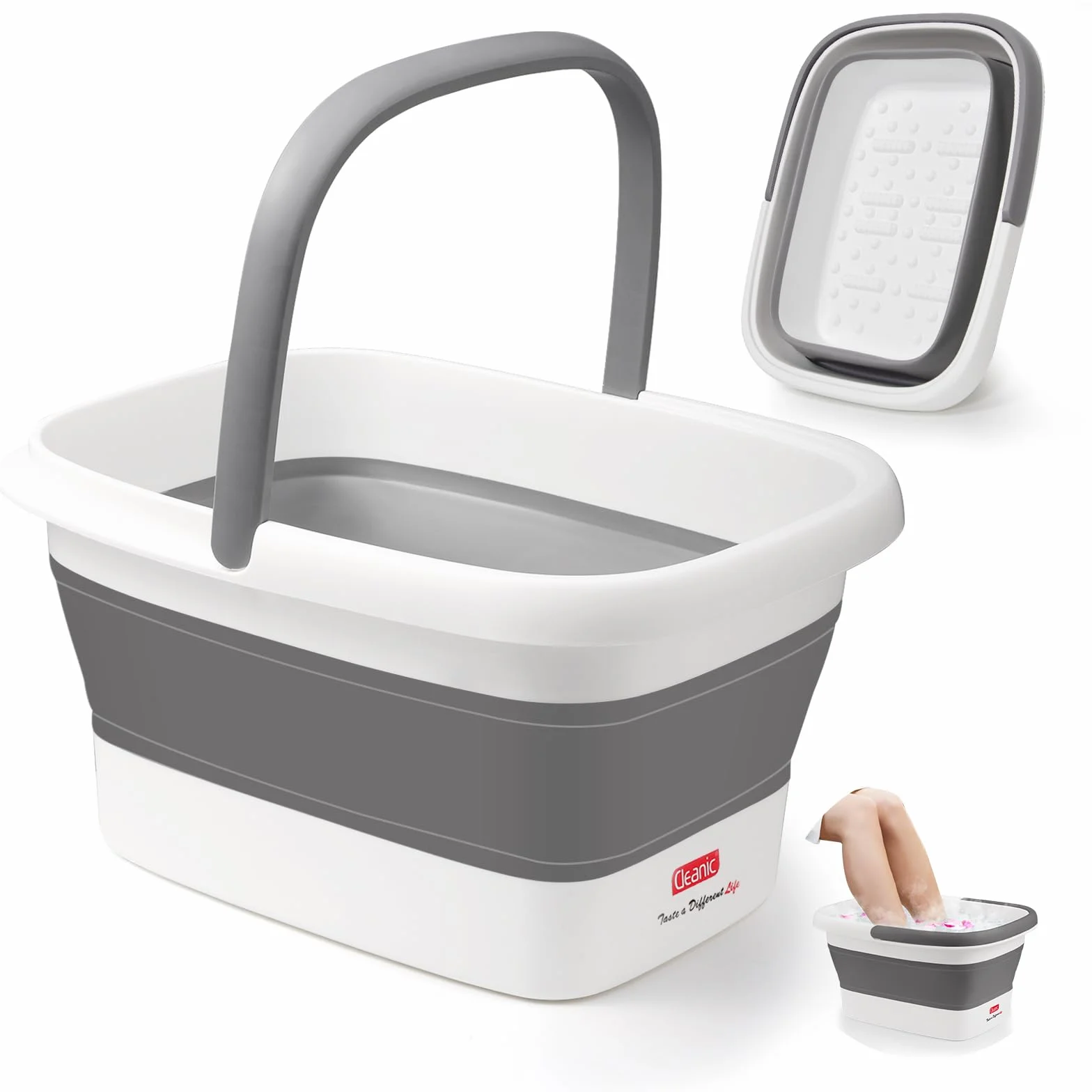 DEANIC Bain de Pied Plié, Bassine Pied avec Poignée, Thalasso Pied 8 Rouleaux Massage 54 Bosses (Gris)