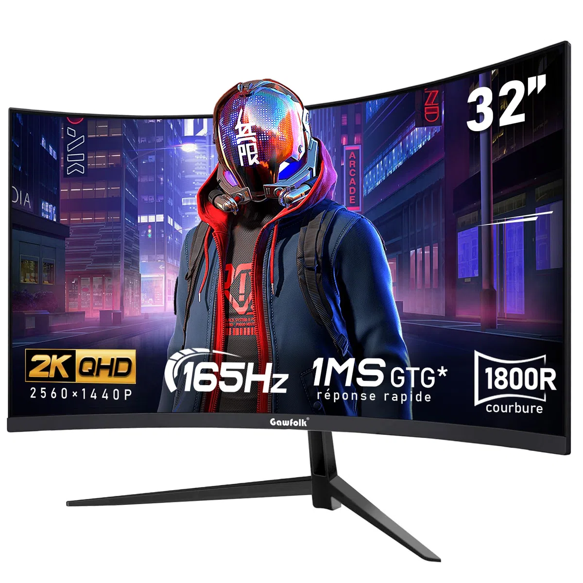 Gawfolk Écran PC 32 Pouces,2K WQHD(2560×1440P),165Hz incurvé Gaming Moniteur, 1ms sans Lunette, 100% sRGB，178 ° Angle Vue HDMI、DisplayPort, Compatible avec Mural VESA100*100MM - Noir