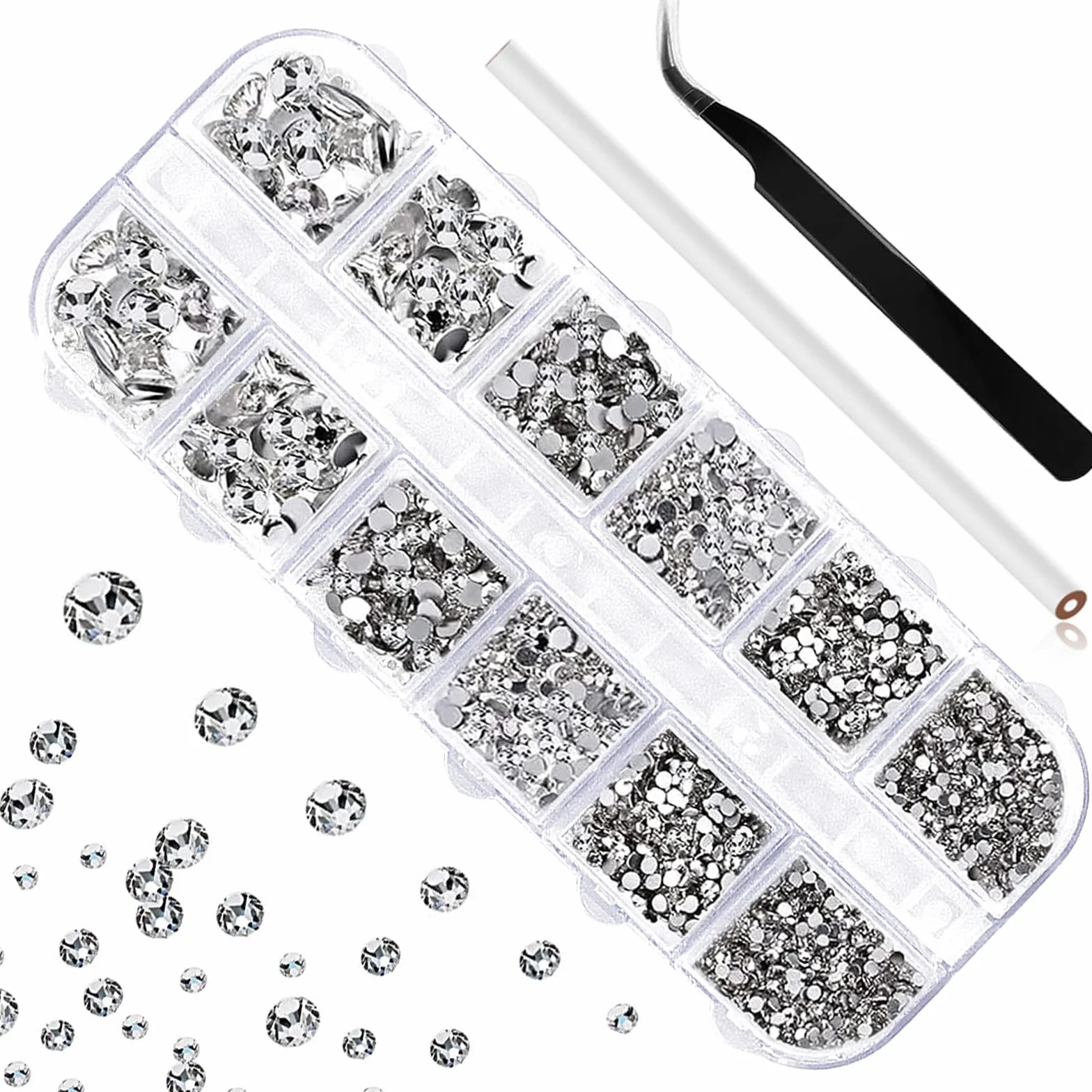 1440 Pièces Strass Ongle Nail Art, 6 Tailles Gems à Dos Plat Rond Cristal, avec Pince et Stylo