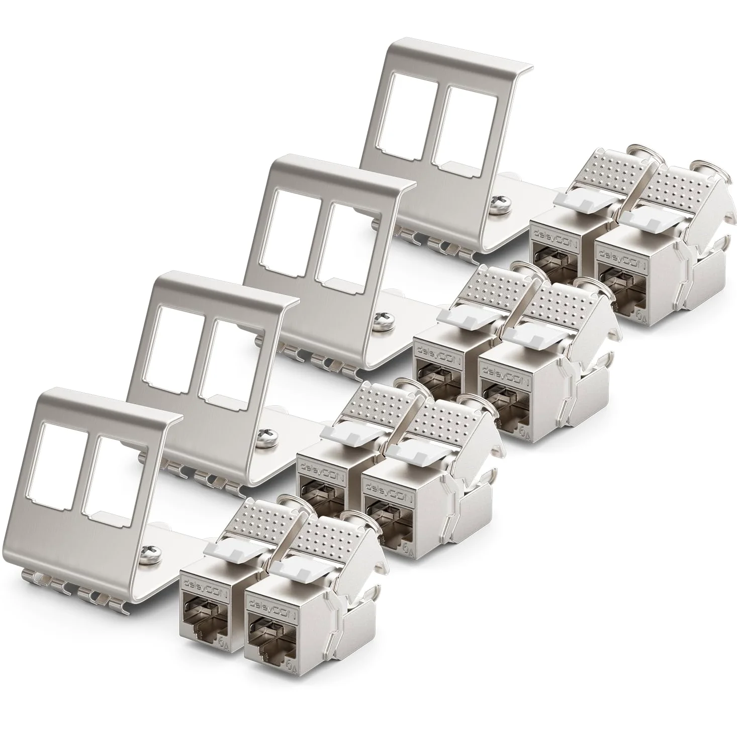 deleyCON 4x CAT6a Keystone Jack Module Avec 4x 2-Port Adaptateur Pour Profilé Chapeau Comme Set Métal STP Blindage RJ45 Femelle 10 Gbit/s Réseau Montage Snap-In Pour Profilés Chapeau 35mm