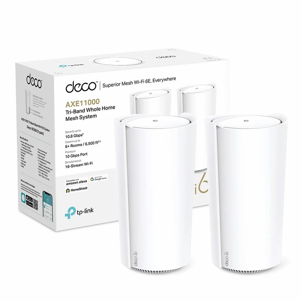 TP-Link Deco WiFi 6E Mesh AXE11000Mbps Deco XE200(2-Pack),Tri-Bande,Couverture de 600 m², Idéal pour Les Grandes Maisons, 1 Port 10 Gbps+2 Ports Gigabit, Profitez au Maximum de Votre abonnement Fibre