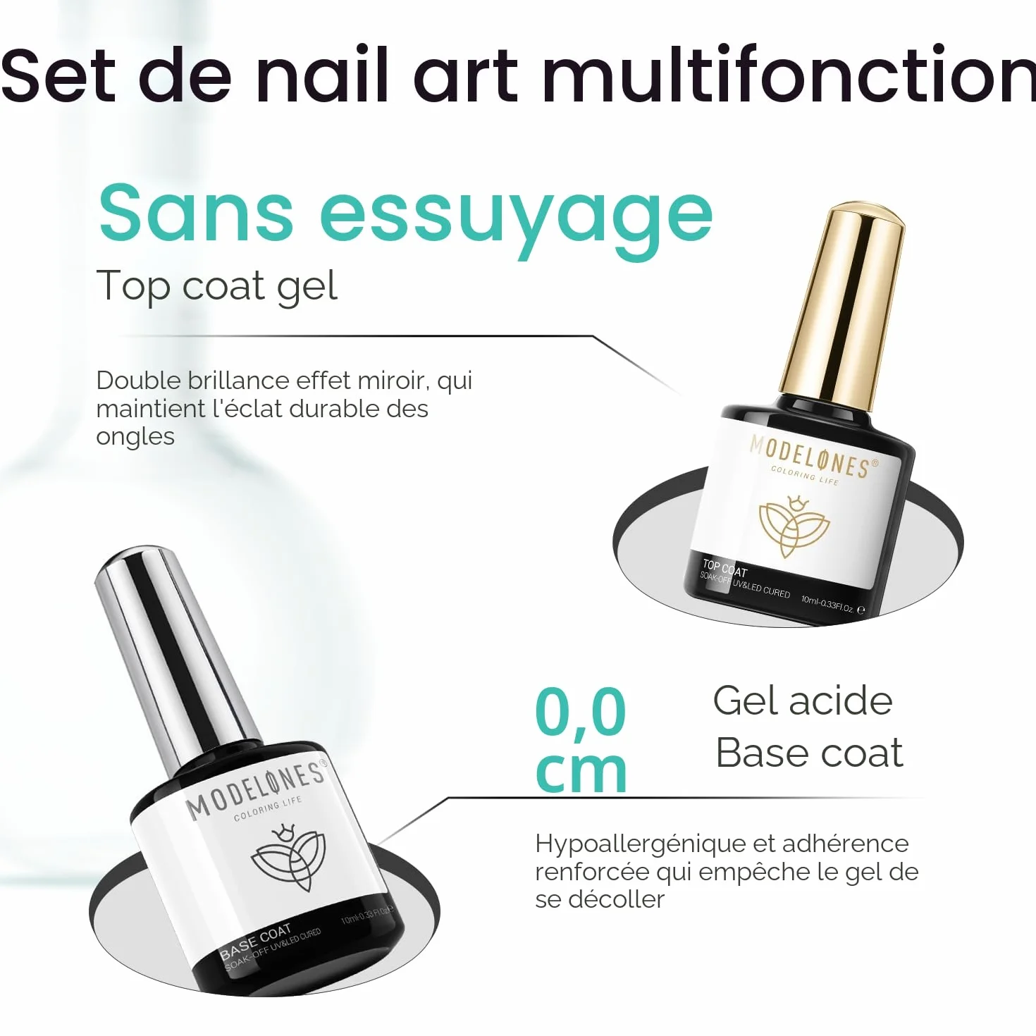 Modelones Base et Top Coat Vernis Semi Permanent Kit UV Gel Ongle 10 ml 4pcs