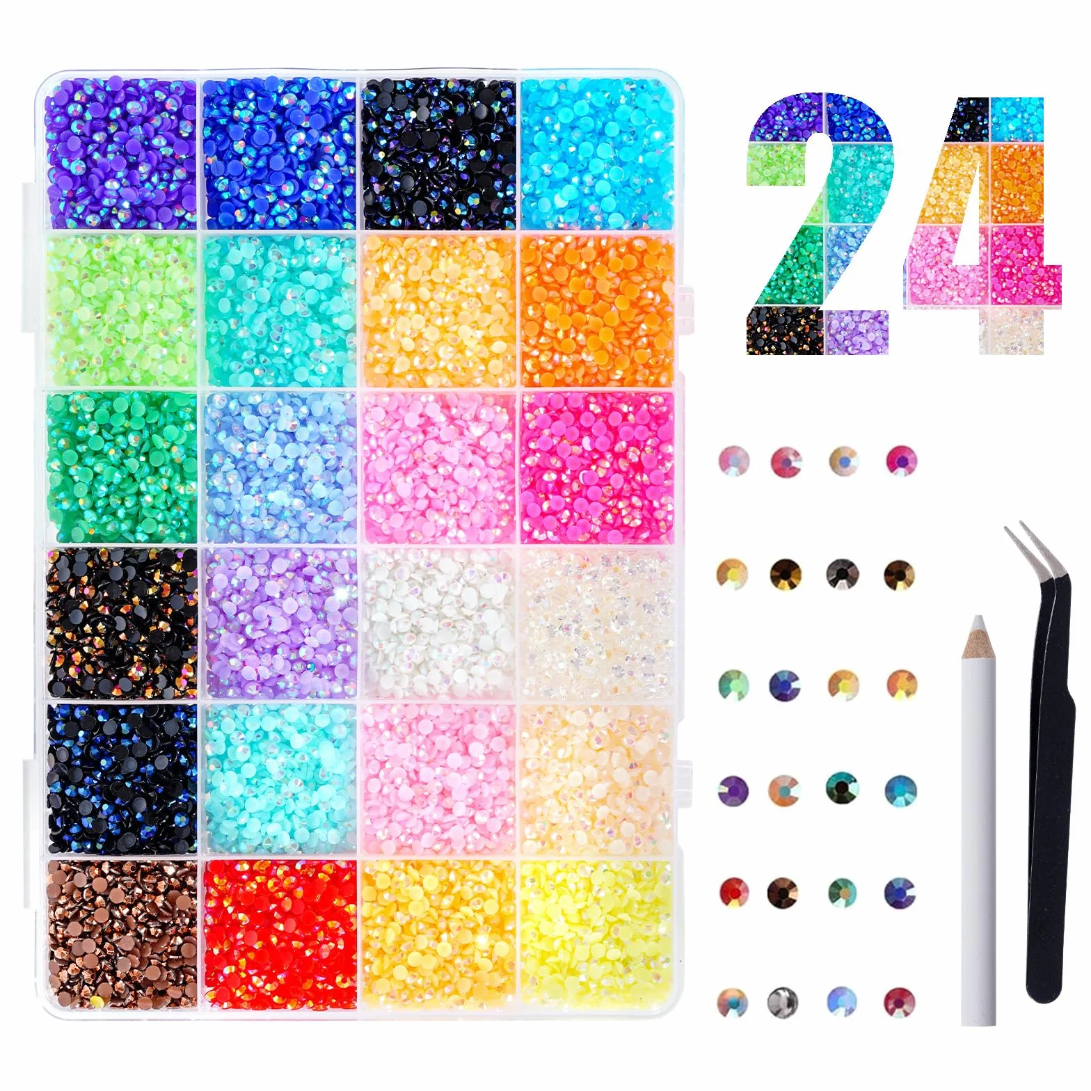 Strass pour ongles 3 mm 24 couleurs 19200 pcs kit DIY avec pince à épiler et stylo