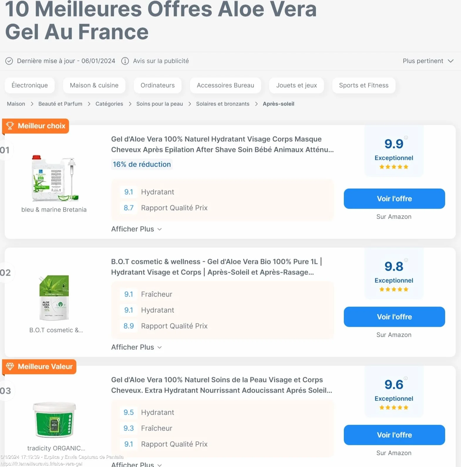 Gel d'Aloe Vera 100% Naturel Hydratant Visage Corps 1000 ml