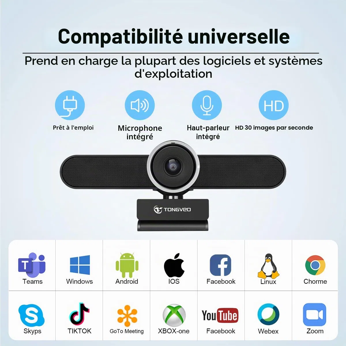 TONGVEO Webcam 4K pour conférence - Caméra avec mic et haut-parleur - Grande angle AI Auto Framing - Zoom compatible