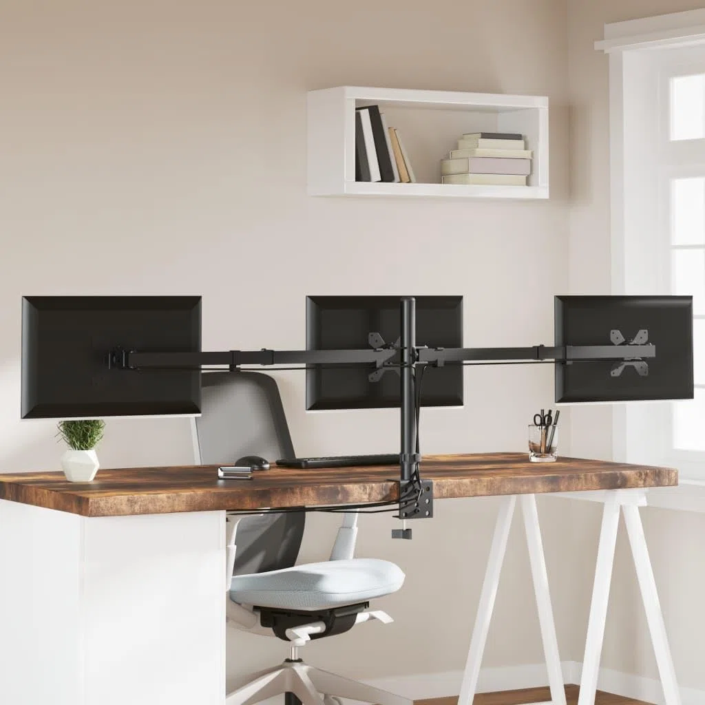 Support de Moniteur Triple Noir en Acier VESA 75 100 mm, réglable pour Bureau ou Mur, Compatible avec écrans 33-68 cm, Fixation Facile, Organisation câble Pratique