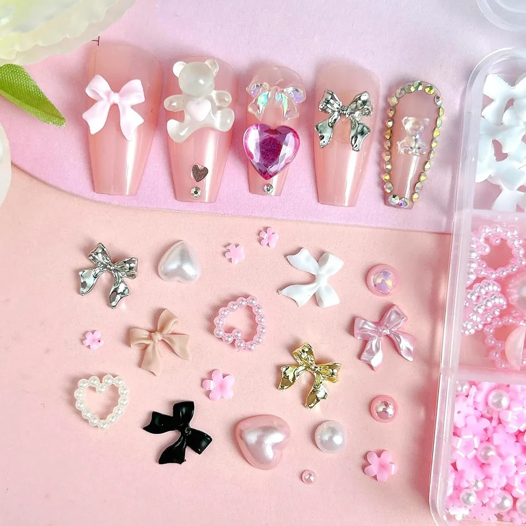 Set Charms Ongles 12 Compartiments 3D Noeud Papillon Résine Perles Cœur Fleur Crayon Cire Pince Strass