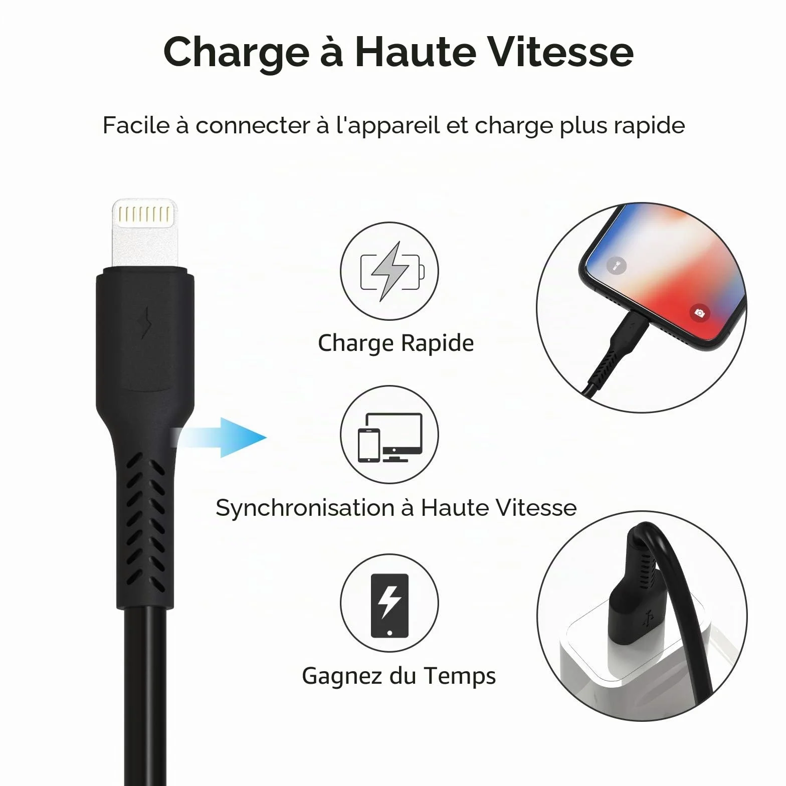 Lot de 5 Câble Lightning vers USB 20cm Charge Rapide pour iPhone - Noir