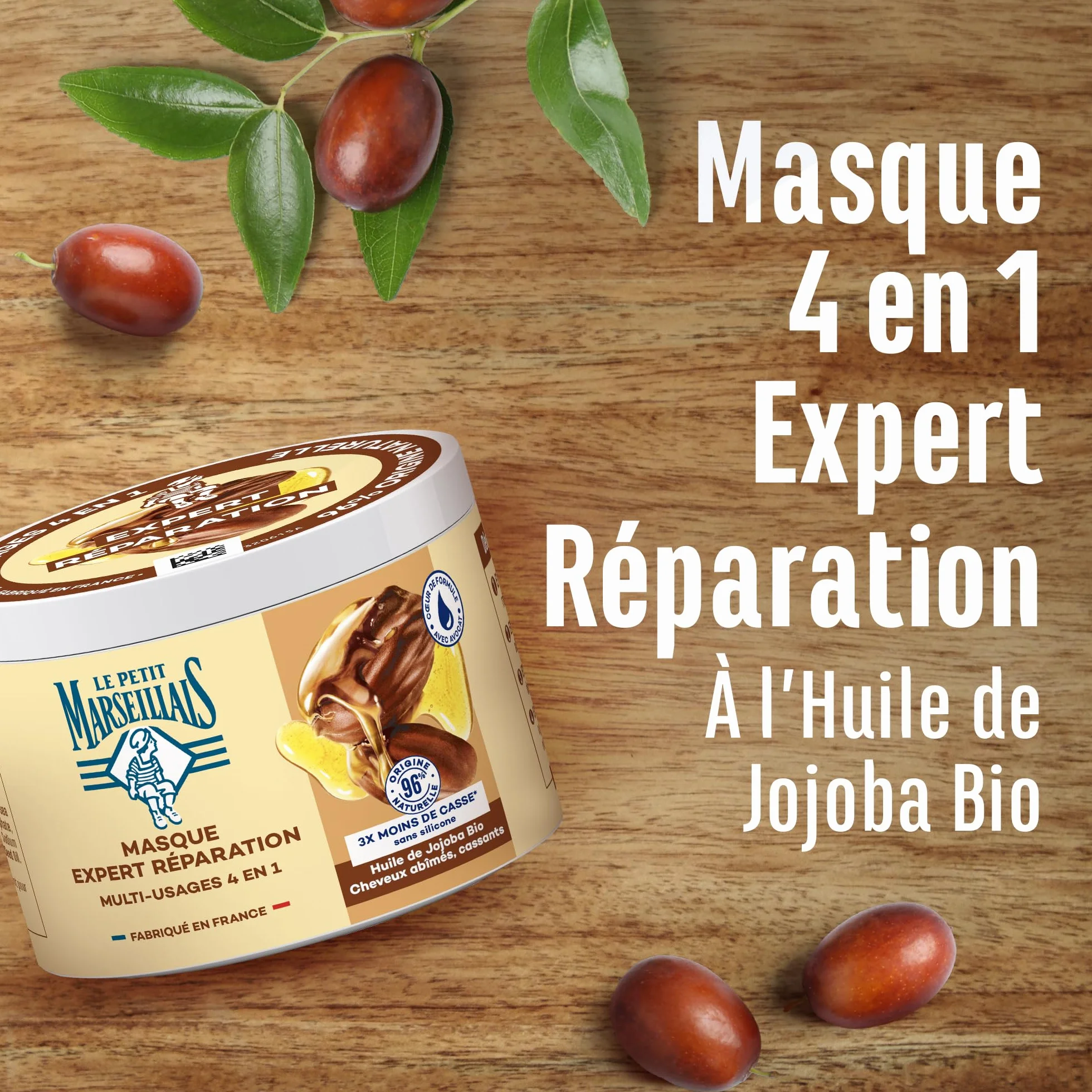 Le Petit Marseillais Masque 4 en 1 Expert Réparation Huile de Jojoba Bio 370 ml Masque Capillaire Cheveux Cassants Soin Sans Silicone 96% Origine Naturelle
