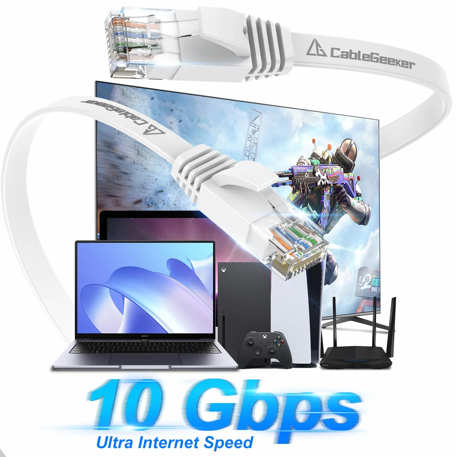 Câble Ethernet Cat 6 de 38,1 m, pour intérieur et extérieur, réseau Internet haut débit 10 Gbit/s, câble de raccordement Ethernet plat en cuivre pur, câble LAN pour ordinateur avec clips et sangles | 30 AWG OFC, 550 MHz, RJ45 plaqué or, design plat à prof