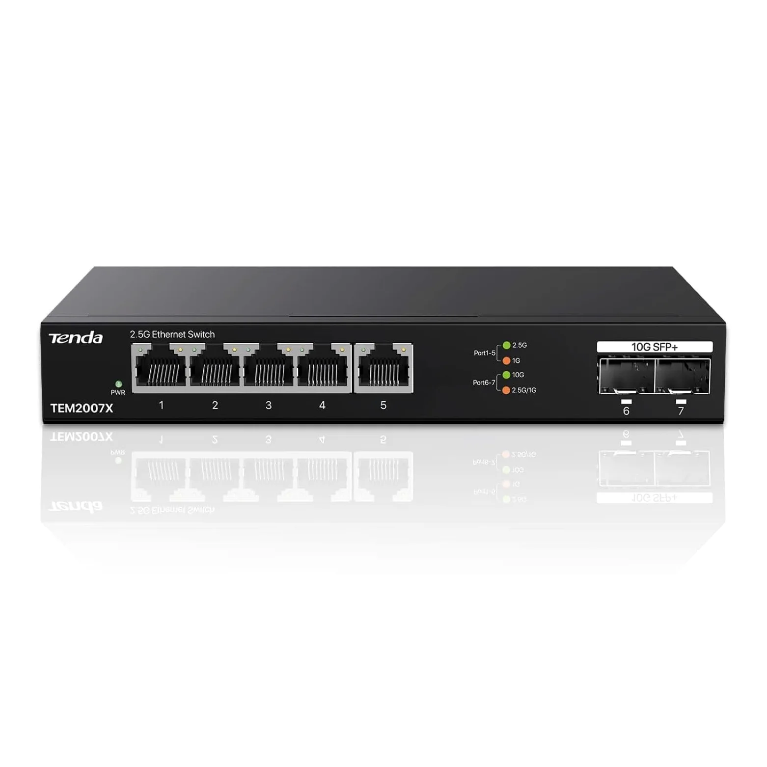 Tenda TEM2007X Switch 2.5G 5 Ports (2 SFP+ 10G, Non Géré) | Switch Ethernet 2.5G 5 ports + 2 SFP+ 10G, VLAN, agrégation statique, plug & play, métal, noir