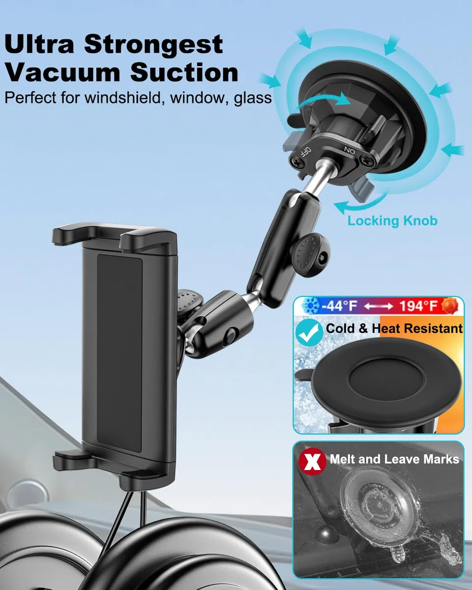 Support Tablette Pare-Brise Tracteur, Robuste Support Tablette Ventouse Tracteur Agricole, Bras Métallique Rotatif 360 degrés, Porte pour iPad Pro 12.9 11 Air Mini, Galaxy Tab, iPhone, 4 à 13"