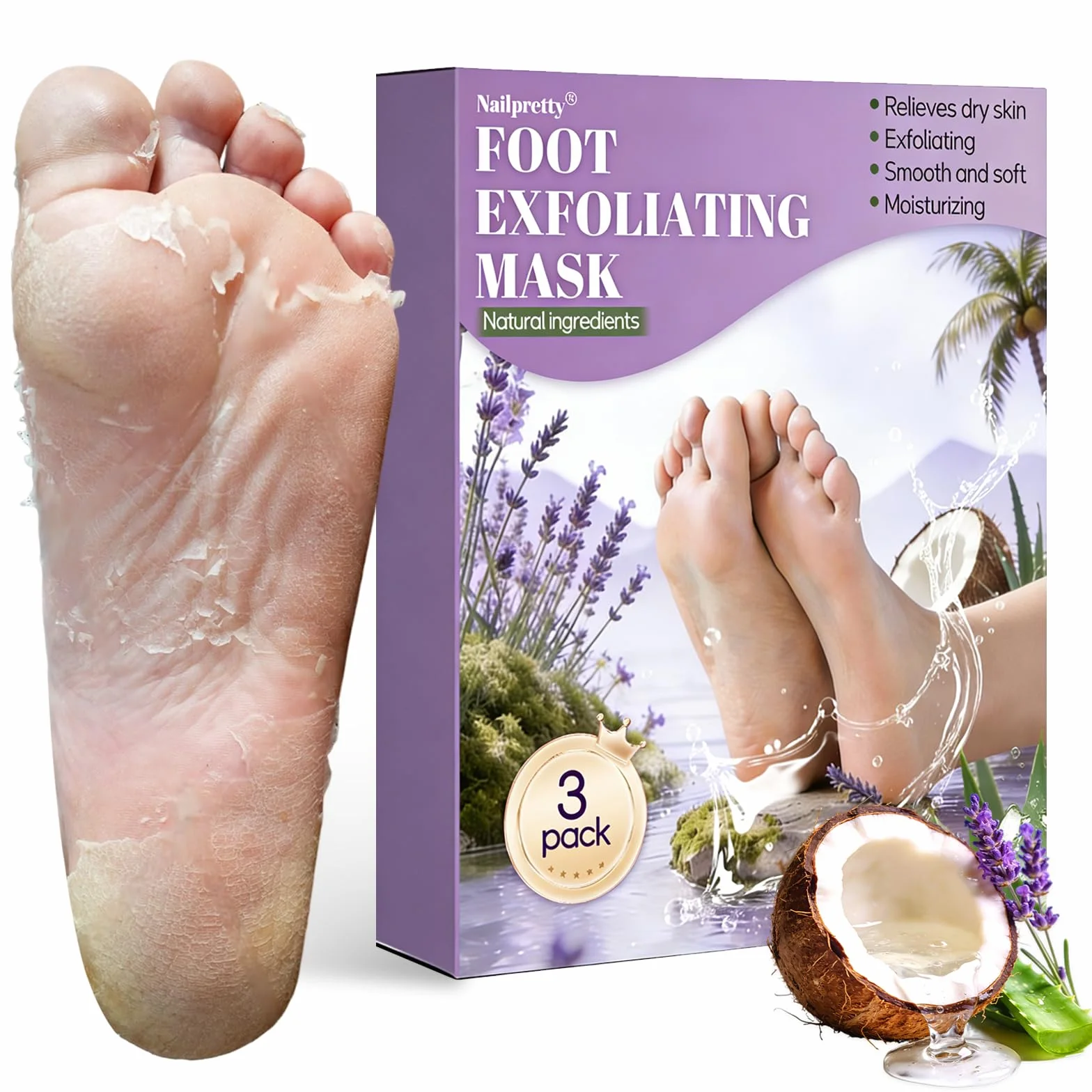 Masque Pieds Nourrissant Chaussettes Hydratantes Pieds Très Secs Abîmés Lavande Noix De Coco Aloès 3 Paires