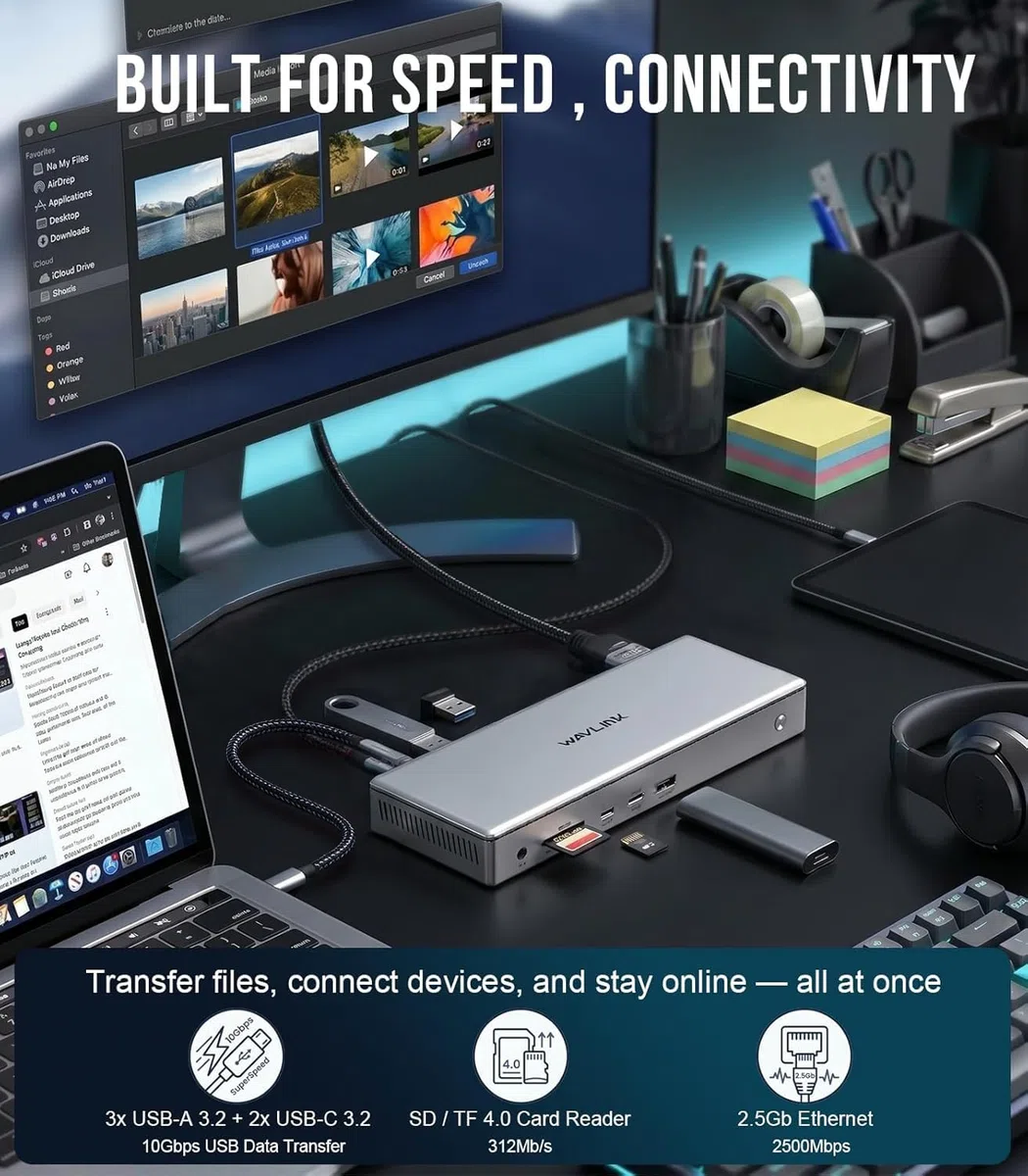 WAVLINK Station d'accueil pour 4 écrans,4 écrans 4K Dock Station pour MacBook Neo/Mac/Windows,Docking Station Displaylink avec 4 HDMI,PD100W,Ethernet 2,5G,USB-A/USB-C 10G,SD/TF 4.0,Audio,Pilote Requis