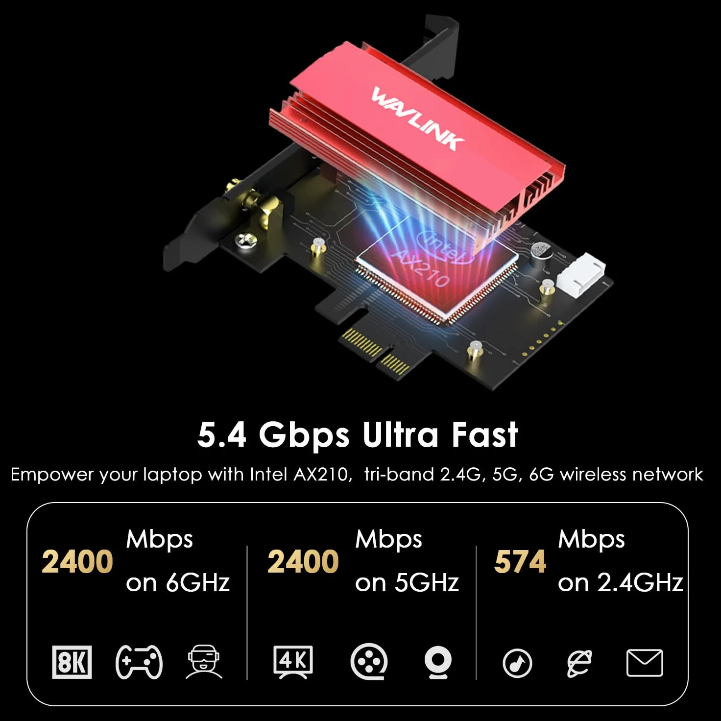 WAVLINK AXE5400 Carte réseau WiFi 6E PCIe Tri-Band AX210 Adaptateur sans fil avec Bluetooth 5.3, MU-MIMO, WPA3, OFDMA, support à profil bas, dissipateur de chaleur, pour PC Windows 10/11