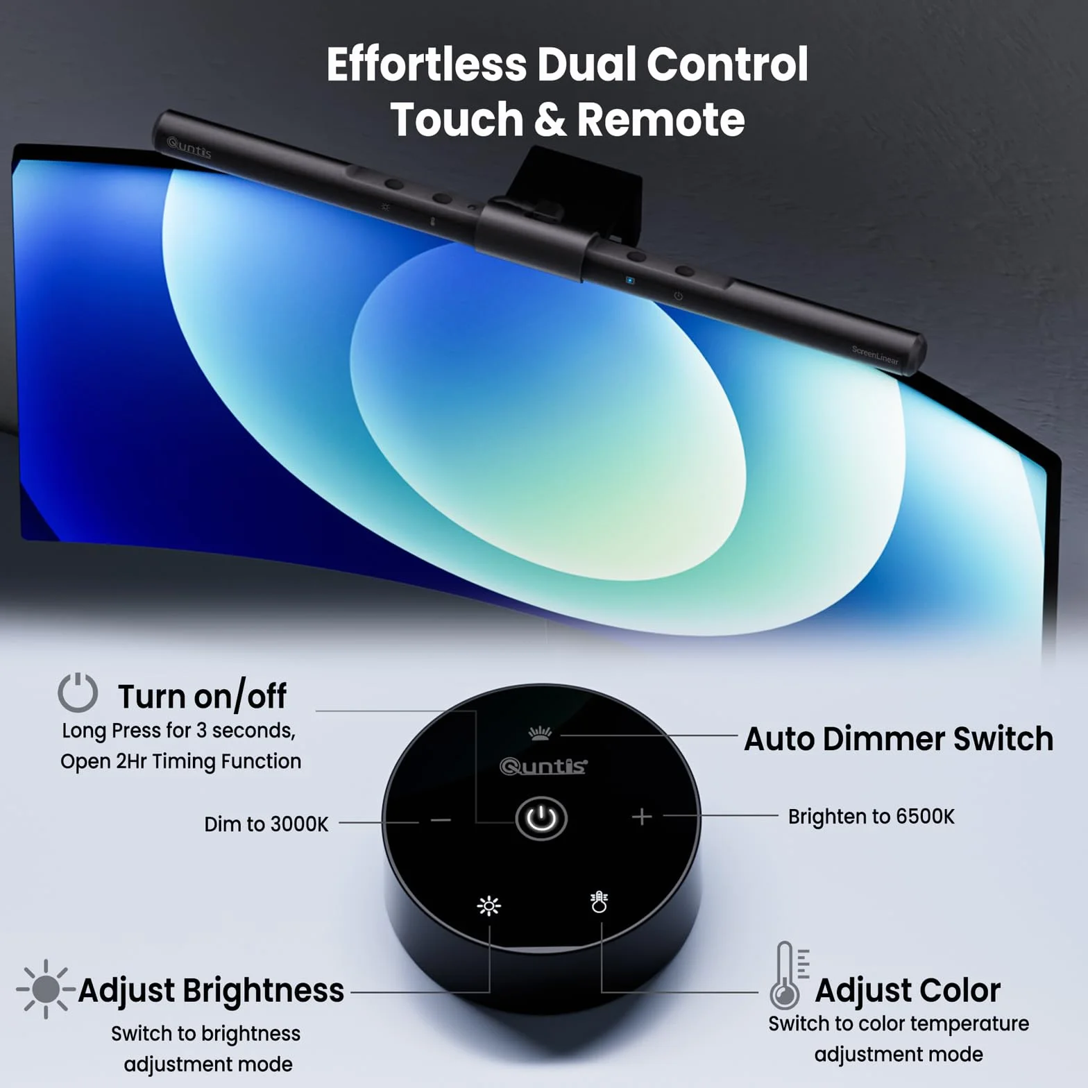 Quntis Lampe Ecran PC avec Télécommande Double Réglage, Lumière Ecran Réglable Gradation Automatique, LED USB Lampe d'Ordinateur 40CM Monitor Light Bar Eclairage pour Bureau Gaming
