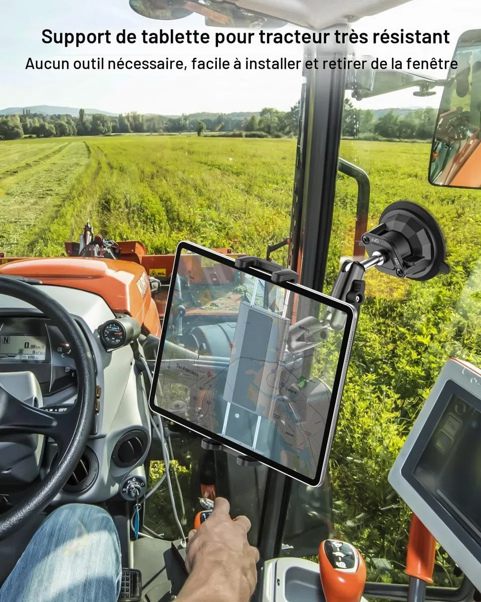 Support Tablette Pare-Brise Tracteur, Robuste Support Tablette Ventouse Tracteur Agricole, Bras Métallique Rotatif 360 degrés, Porte pour iPad Pro 12.9 11 Air Mini, Galaxy Tab, iPhone, 4 à 13"