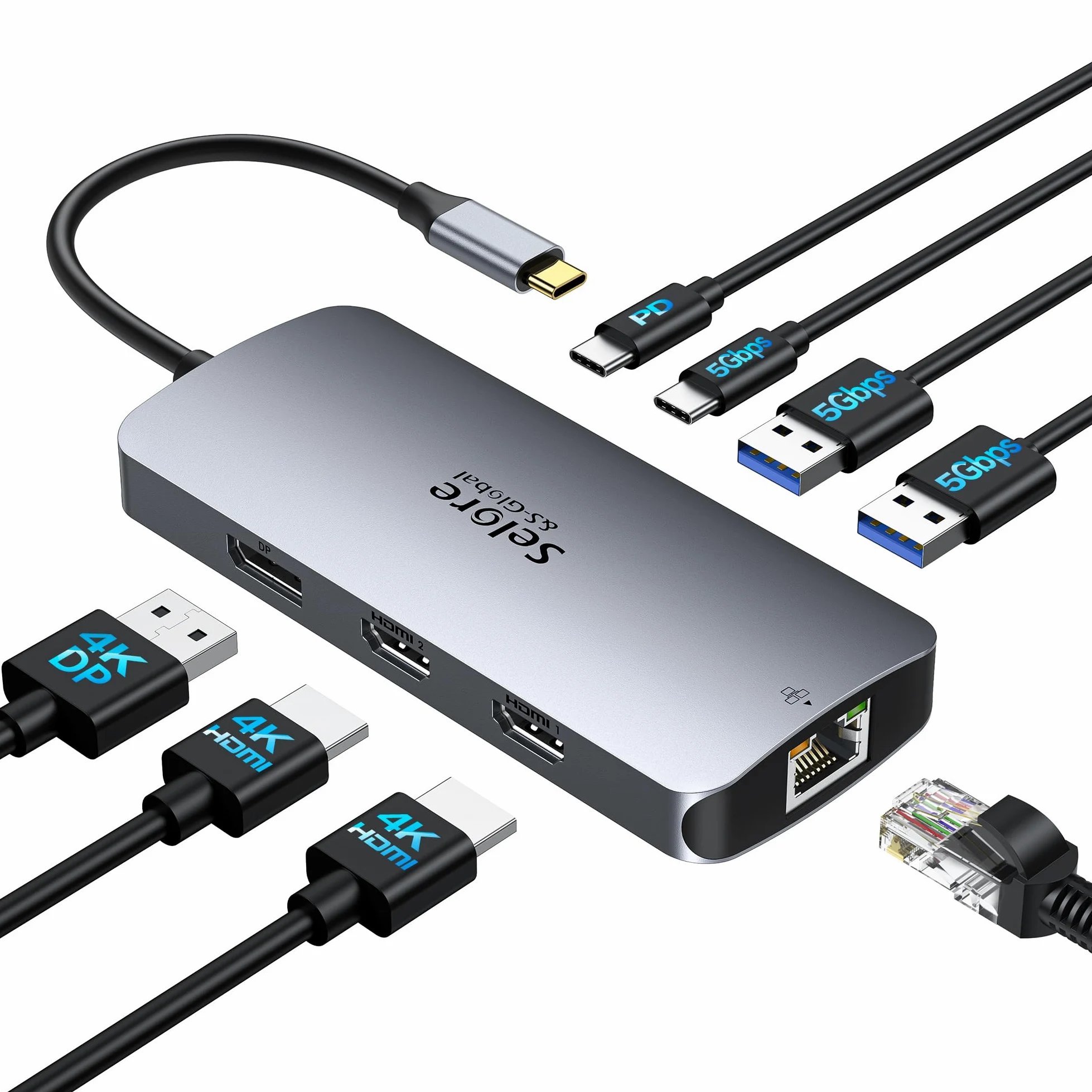 Station d'accueil USB C Dual HDMI, 8 en 1 Docking Station pour 3 Moniteurs | HUB Triple écran 4K60Hz, 2 HDMI, DisplayPort, Ethernet 1Gbit/s, PD 100W, Adaptateur de Ports USB 3.0 pour Dell, HP, Lenovo