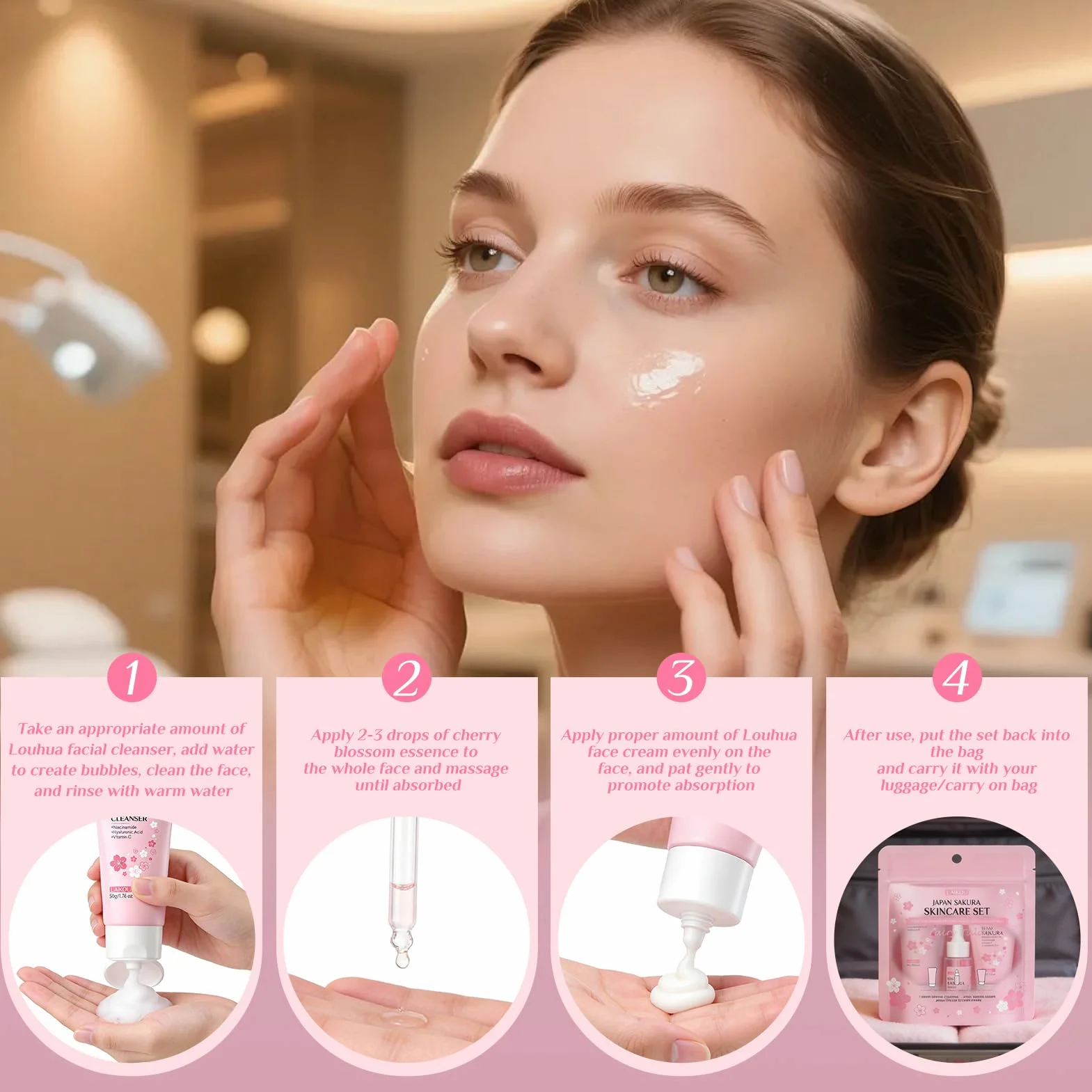 Sakura Ensemble de Soins de la Peau, Trousse de Voyage avec Crème Nettoyante, Toner, Sérum, Set Hydratant