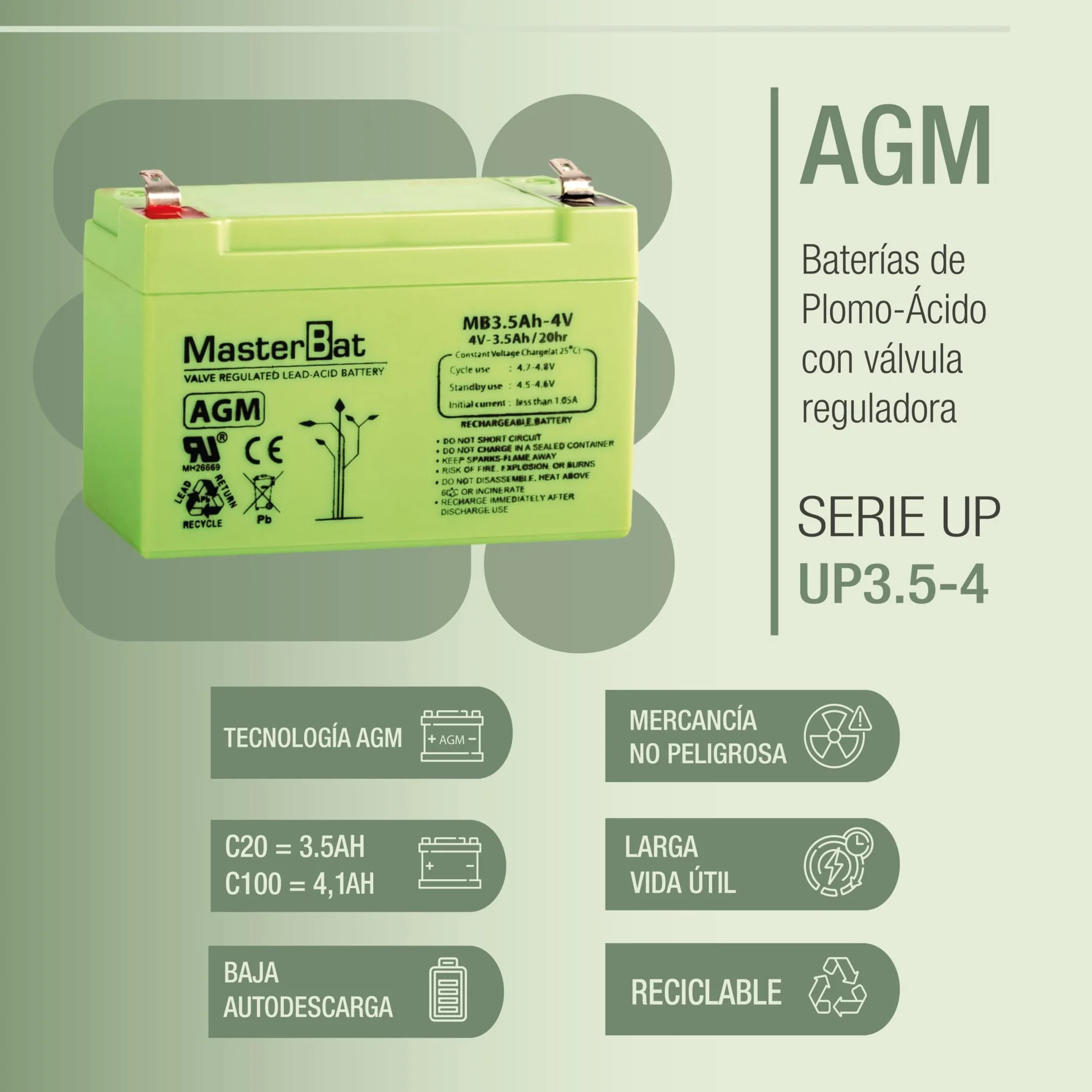 Master U-Power Batterie AGM 3,5 Ah 4 V