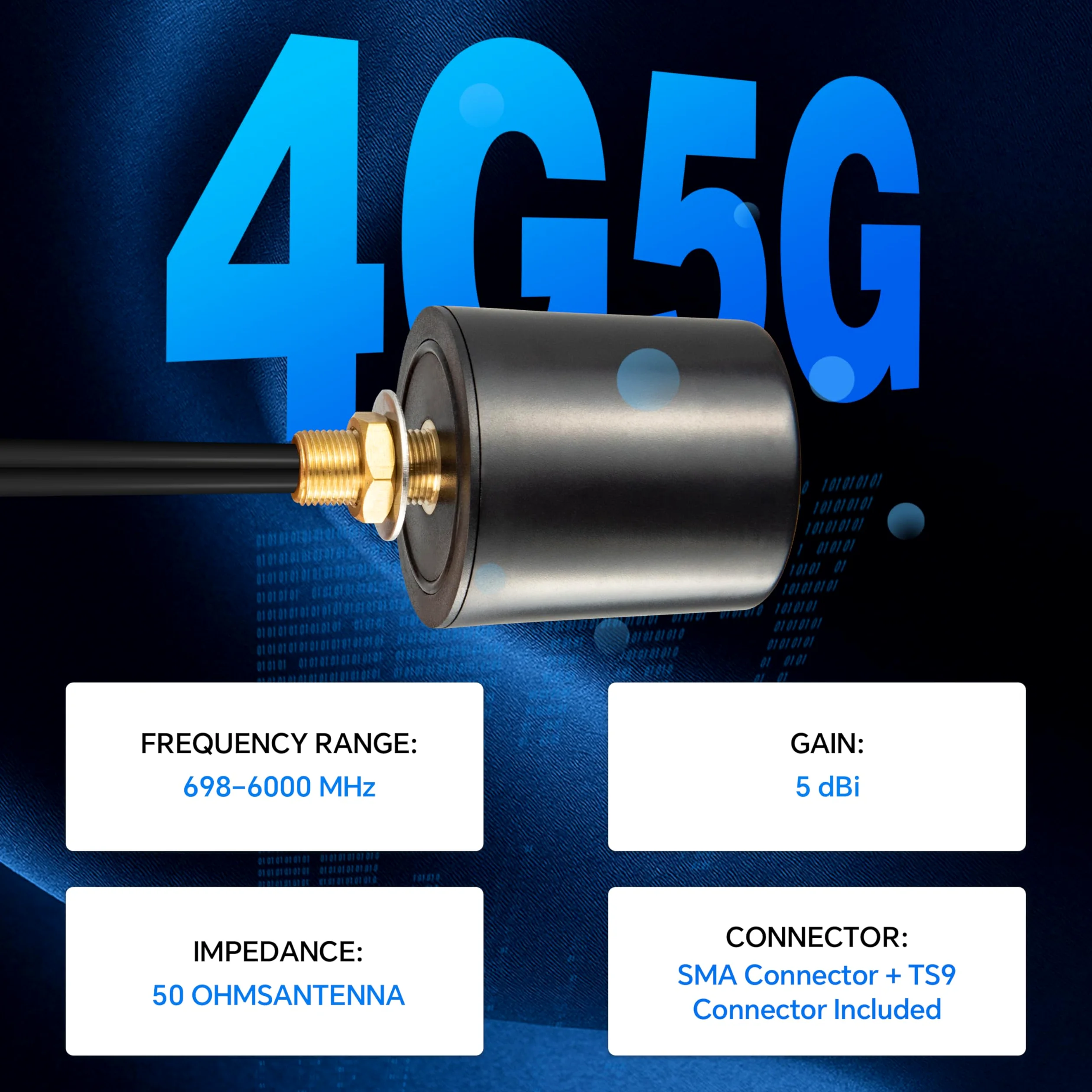 Antenne extérieure 600-6000 MHz MIMO 5G LTE 4G 5G LTE Antenne externe omnidirectionnelle 5dBi avec 5 m double SMA mâle faible perte câble BMR100 et adaptateur SMA femelle vers TS9 mâle pour