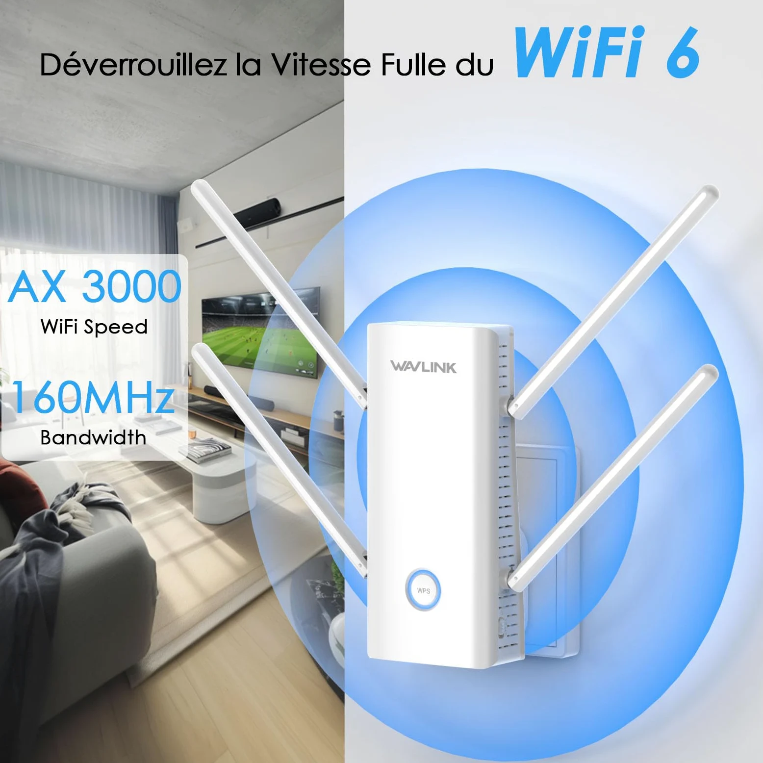 WAVLINK AX3000 Double Bande Wi-FI 6 Range Extender, amplificateur WiFi Extender, répéteur WiFi avec Port Gigabit, 4 antennes 5 dBi, Prend en Charge Le Mode répéteur/AP/routeur/Maille, Installation