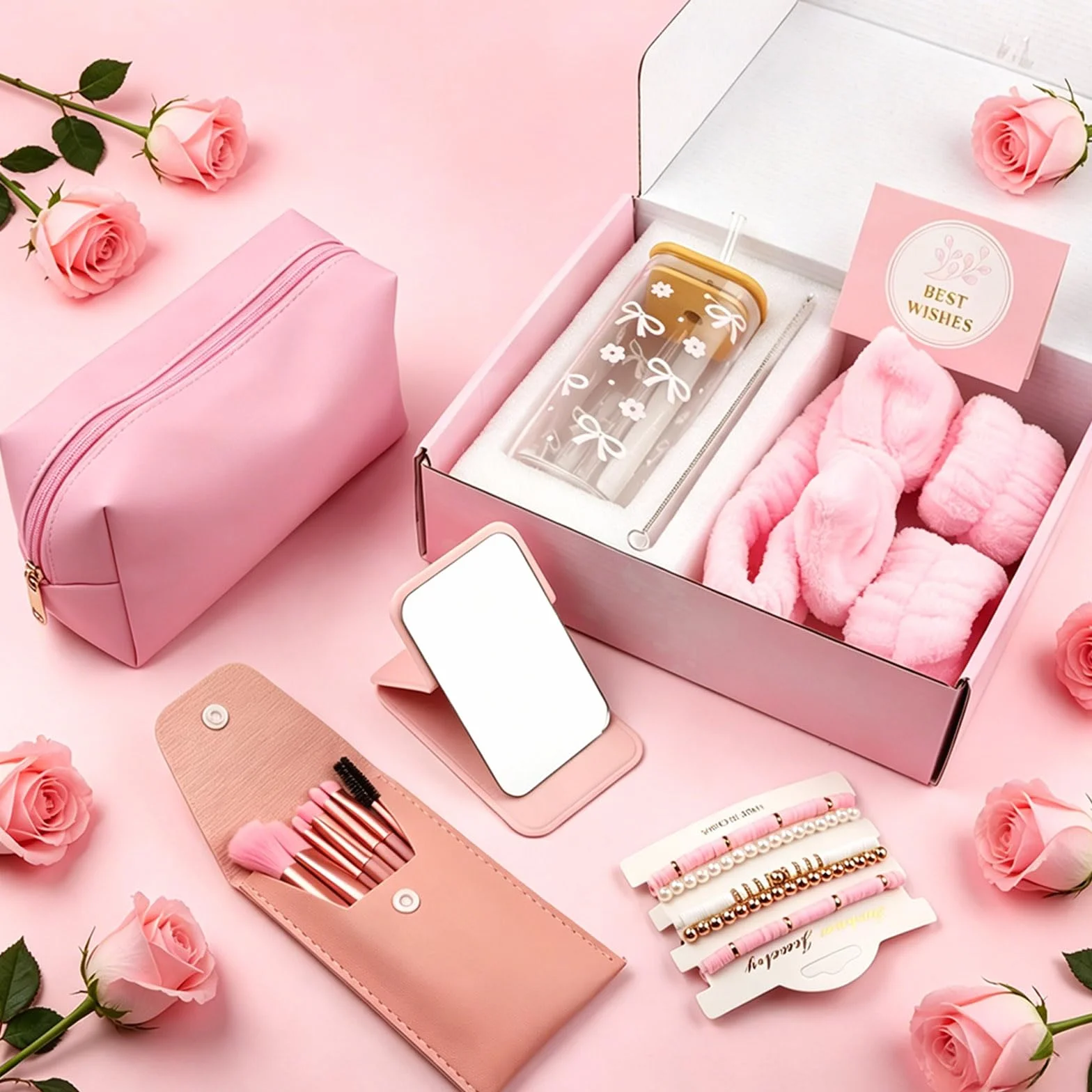 Coffret Cadeau Anniversaire Fille Tasse en Verre avec Couvercle et Paille Maquillage Trousse Cosmétique Bracelet Hairband Miroir