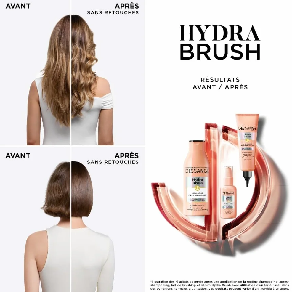 DESSANGE Coffret Hydratant Disciplinant Hydra-Brush Shampoing Lait Brushing Thermoprotecteur Sérum Finition Anti-Frizz 48H Acide Hyaluronique