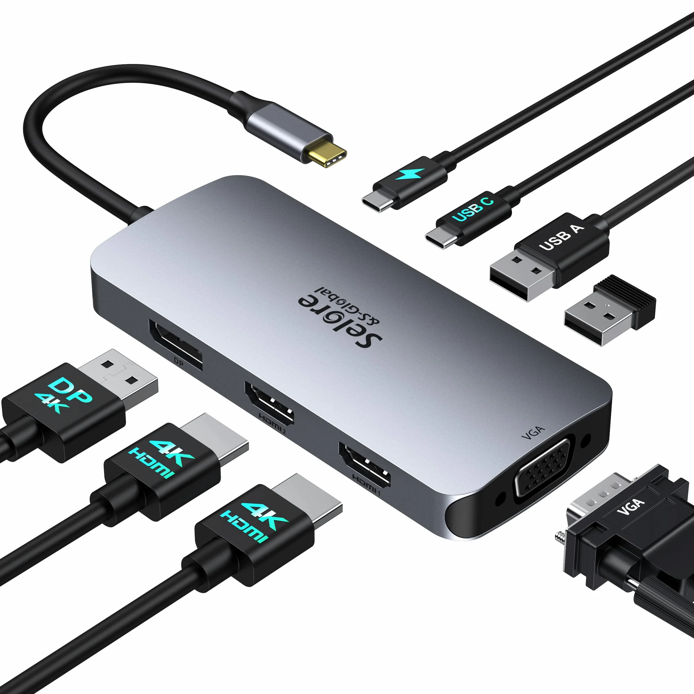 Dock USB C Docking Station USB C Double Moniteur, HUB USB C Dual HDMI | Multiport Stations d'accueil USB C DisplayPort/VGA, PD 100W Charge, 2*USB A/C 2.0 pour MacBook Dell Lenovo Microsoft