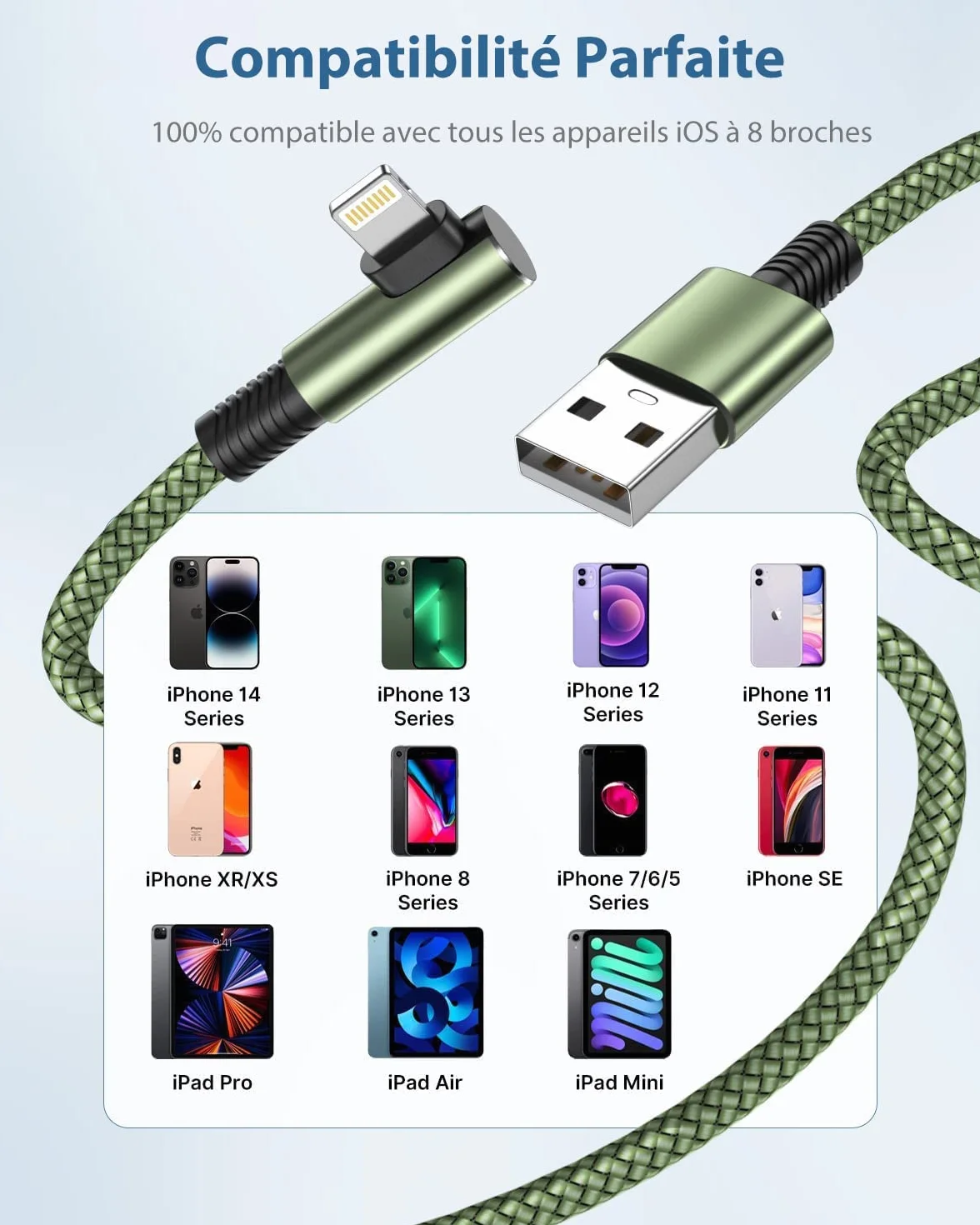 Câble iPhone 2m Lot de 2 Chargeur Angle droit 90 Degrés Certifié MFi Nylon Tressé Rapide pour iPhone 14 13 12 11 Pro Max XR X 8 7
