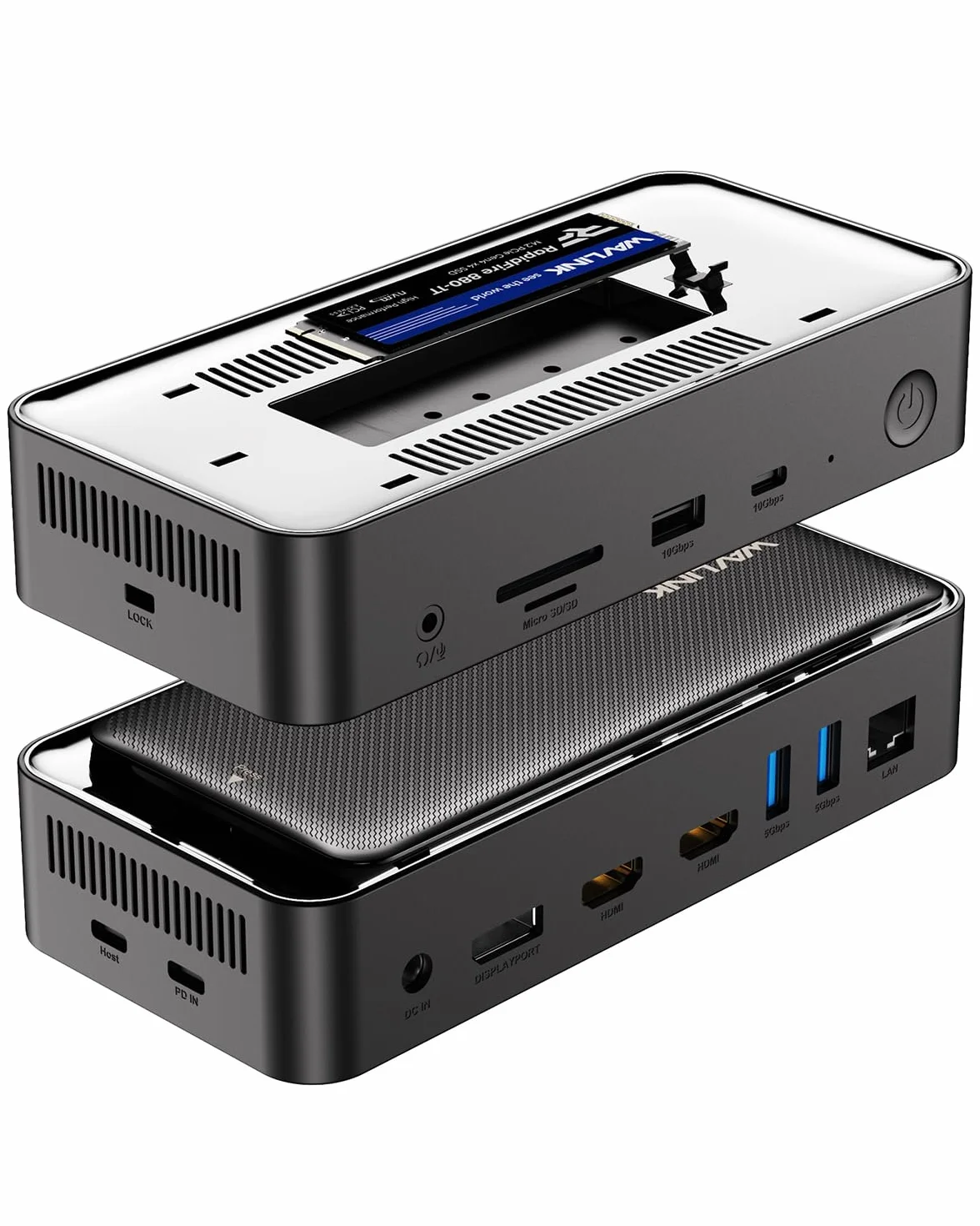 WAVLINK Station d'accueil pour Ordinateur Portable pour Trois écrans (8K @ 30Hz/4K @ 144Hz), Station d'accueil USB-C avec boîtier SSD M.2 PCIe/SATA, Prend en Charge 100 W Power Delivery, USB C/A, SD