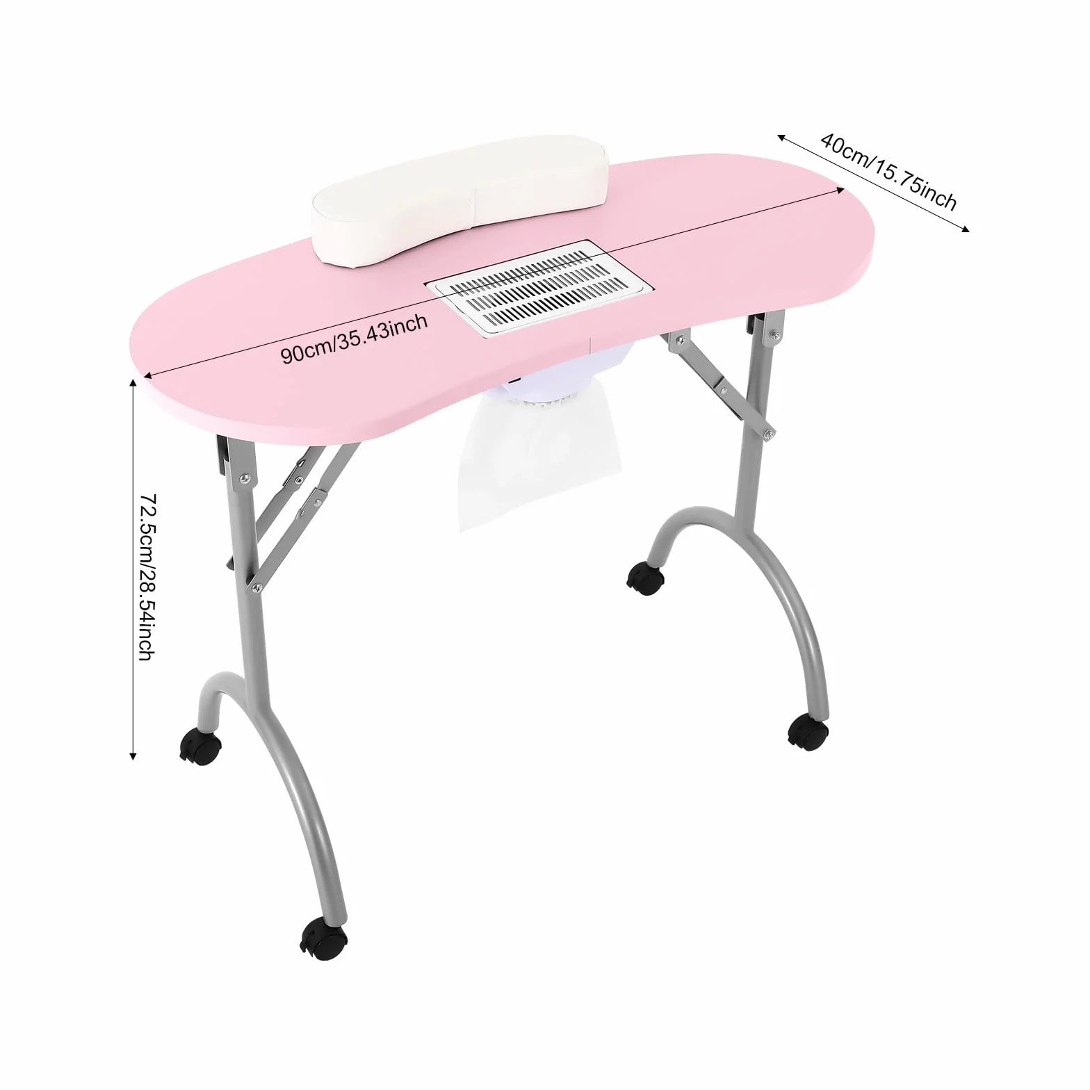 Table de manucure pliable avec roulettes, aspirateur et repose-poignet - Rose