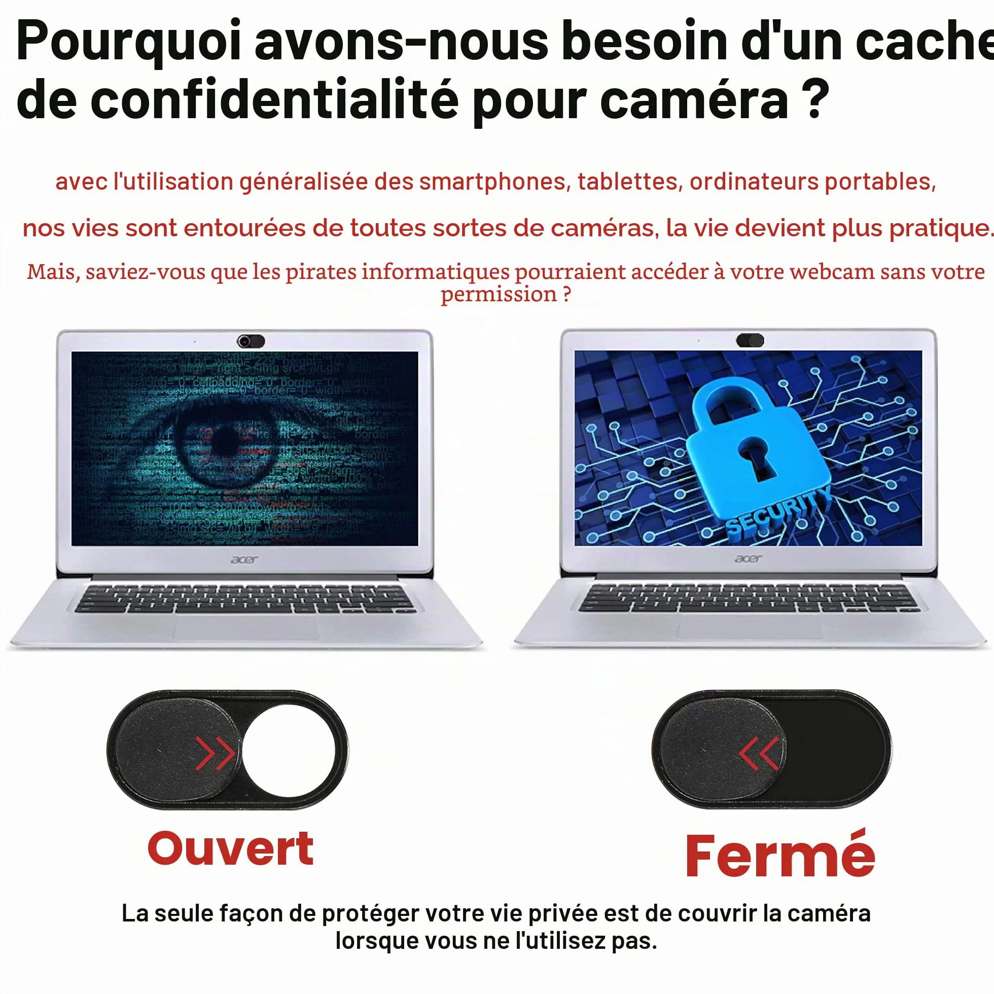 Luckies Cache Webcam Slide 0,6mm Ultra Fin Métallique pour MacBook Pro, Ordinateur Portable, Protection Vie Privée Caméra Cover Coulissant, Noir
