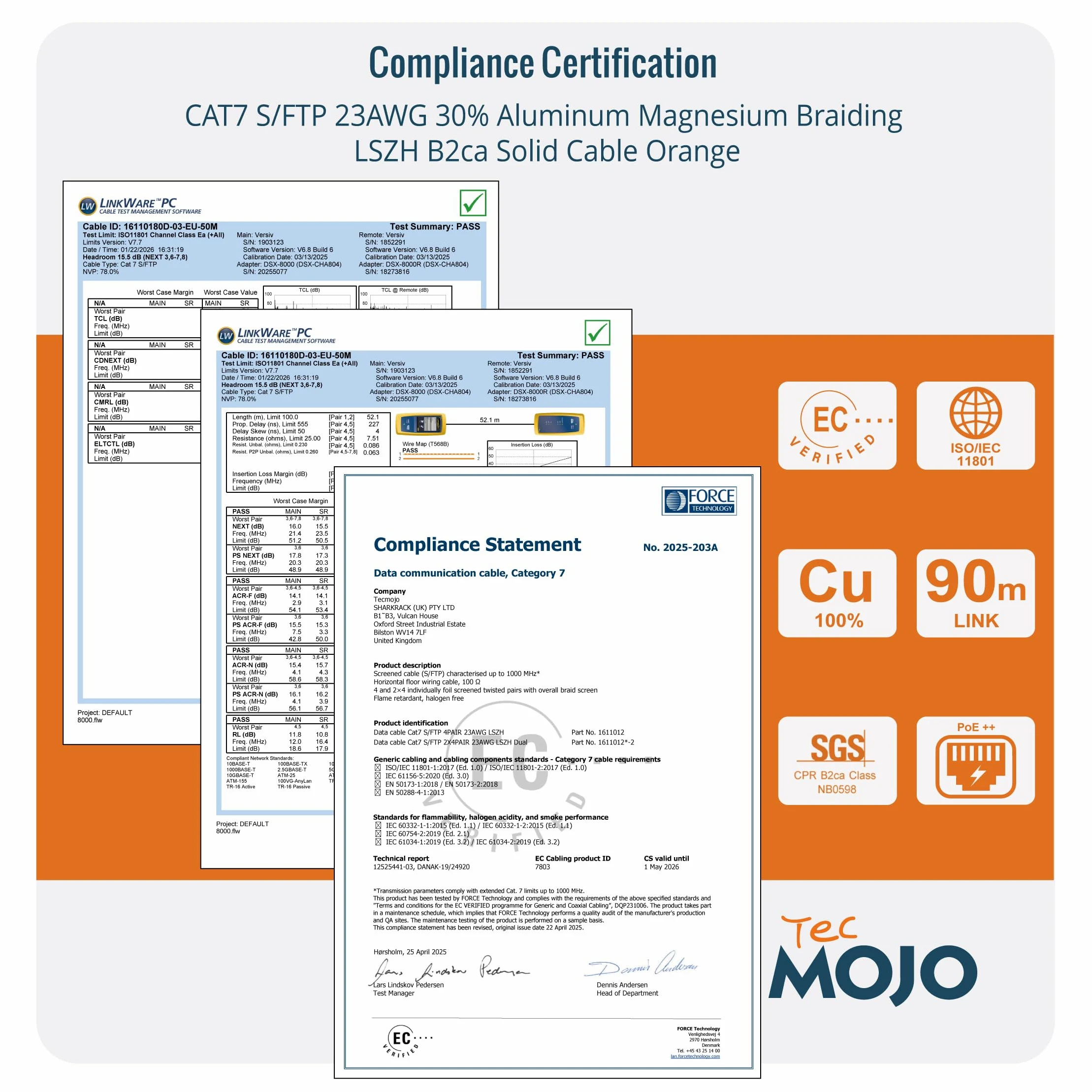 Tecmojo Câble réseau Ethernet LAN CAT7 S/FTP 50 m 10 Gigabit PiMF conducteur en cuivre pur 23 AWG avec blindage tressé AL-MG LSZH B2ca Orange avec outil de coupe et dénudage de câbles et connecteurs