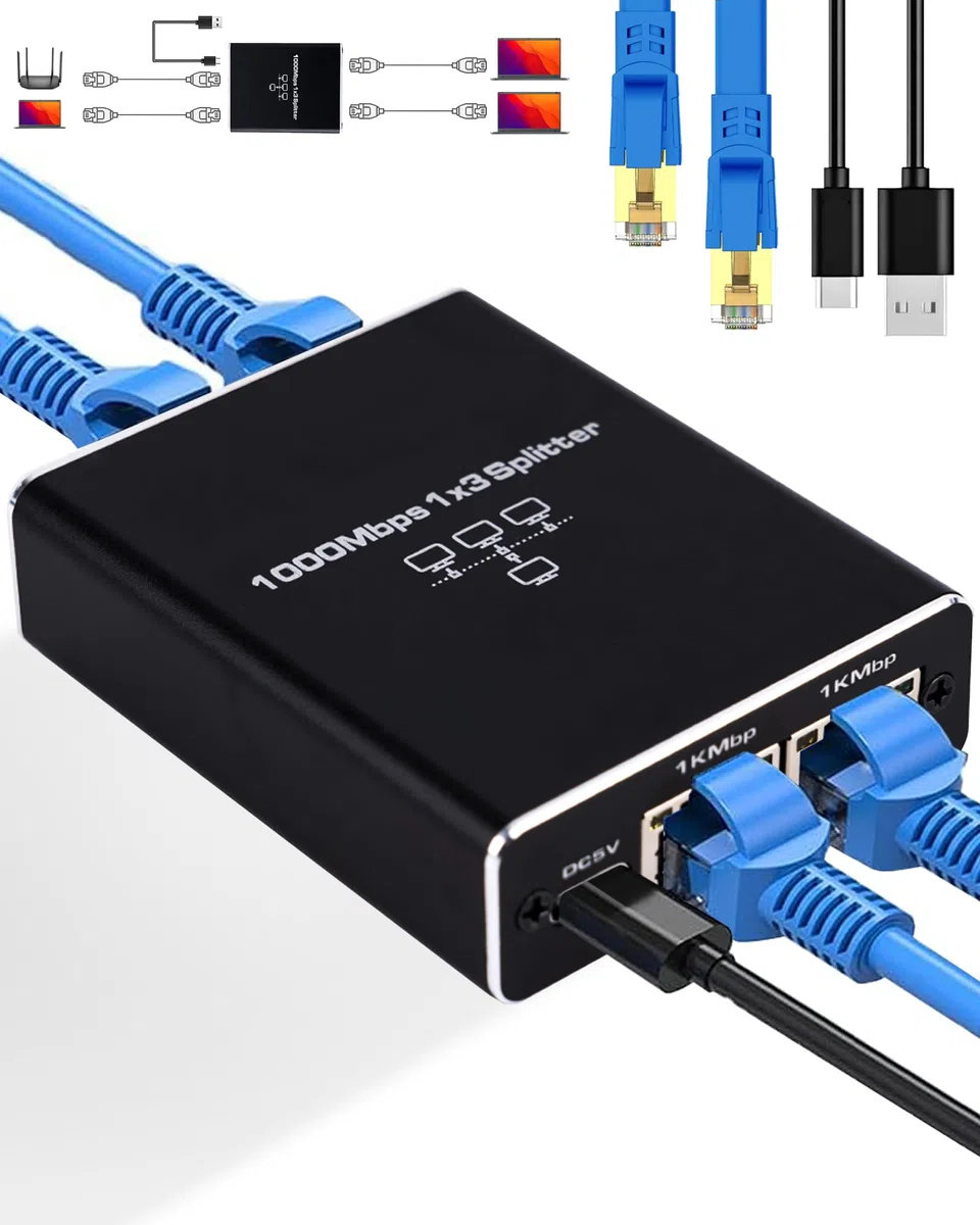 LIEZHUA Répartiteur Ethernet 1 vers 3, 1000 Mbps haute vitesse Ethernet avec câble LAN Cat 6 [3 appareils réseau simultané], extension de réseau LAN Gigabit RJ45 pour câble Cat8/7/6/5e/5