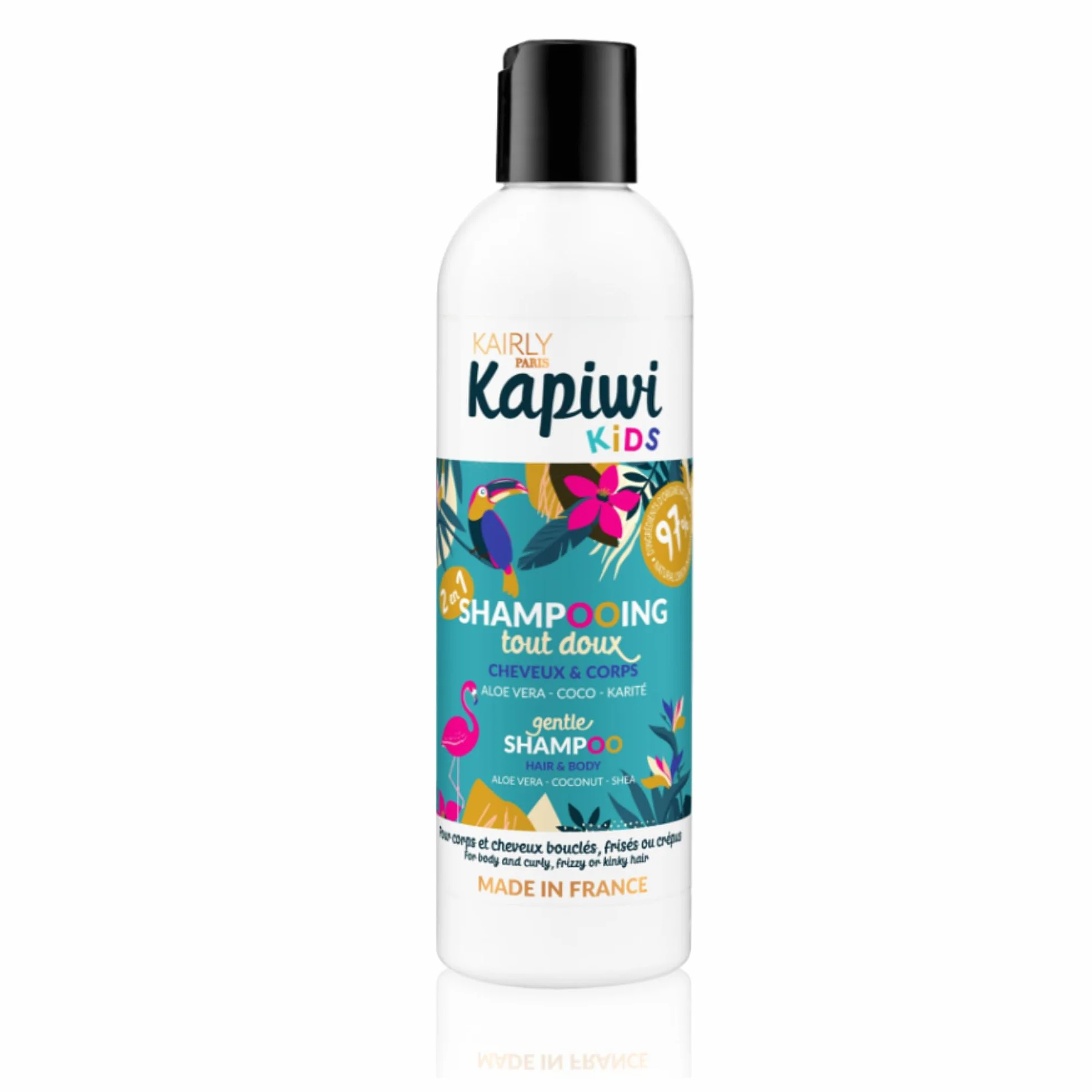 Shampooing Tout Doux 2-en-1 KAPIWI Kids - Cheveux Bouclés & Corps - 97% Naturel - Aloe Vera, Coco & Karité 240 ml