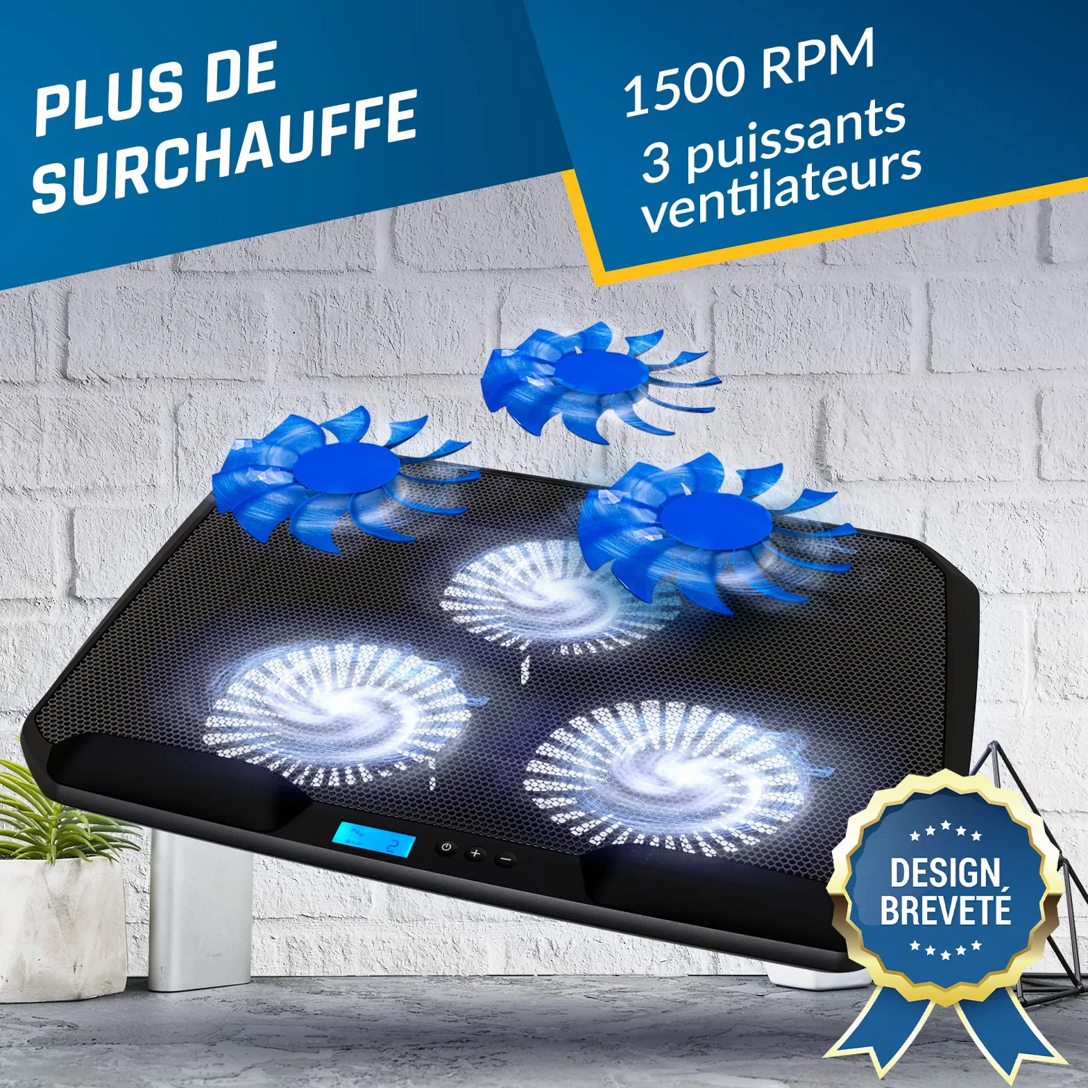 KLIM KN02 Refroidisseur PC Portable 11-17,3 Pouces 3 Ventilateurs 1500 RPM Support + Grille métallique