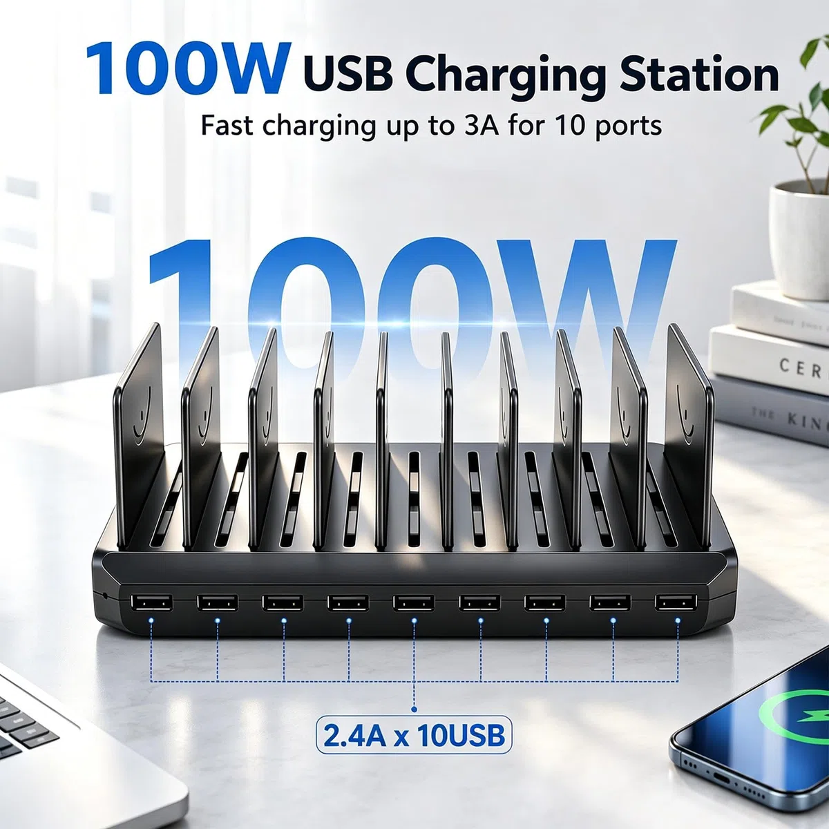 Station de Recharge USB 100 W, Portable 10 Ports Multiples avec séparateur Amovible réglable,Compatible avec iPhone/Apple Watch/Samsung/Google/tablettes/périphériques USB