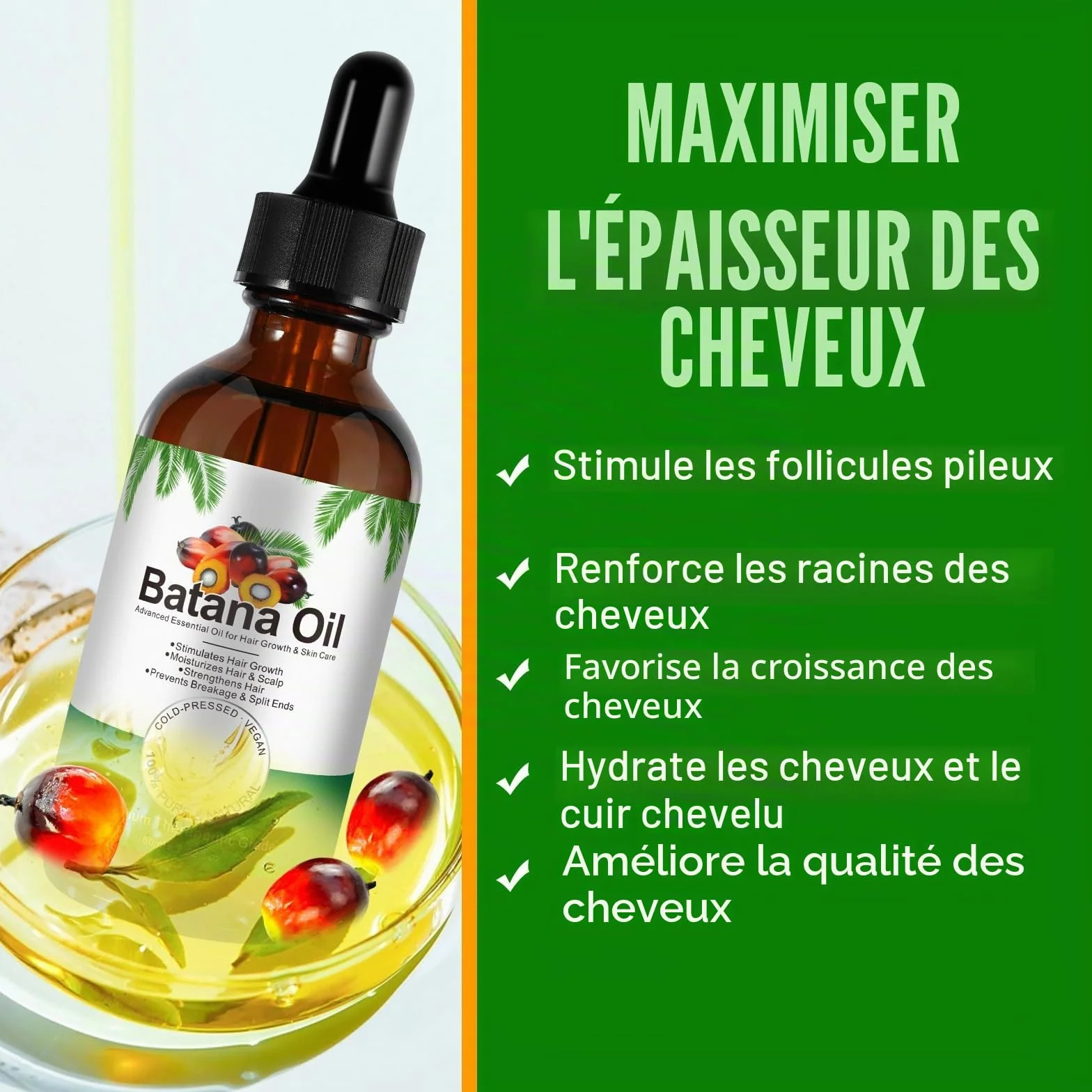 Huile de Batana Pure Pressée à Froid 60 ml pour Cheveux Croissance et Anti-Chute