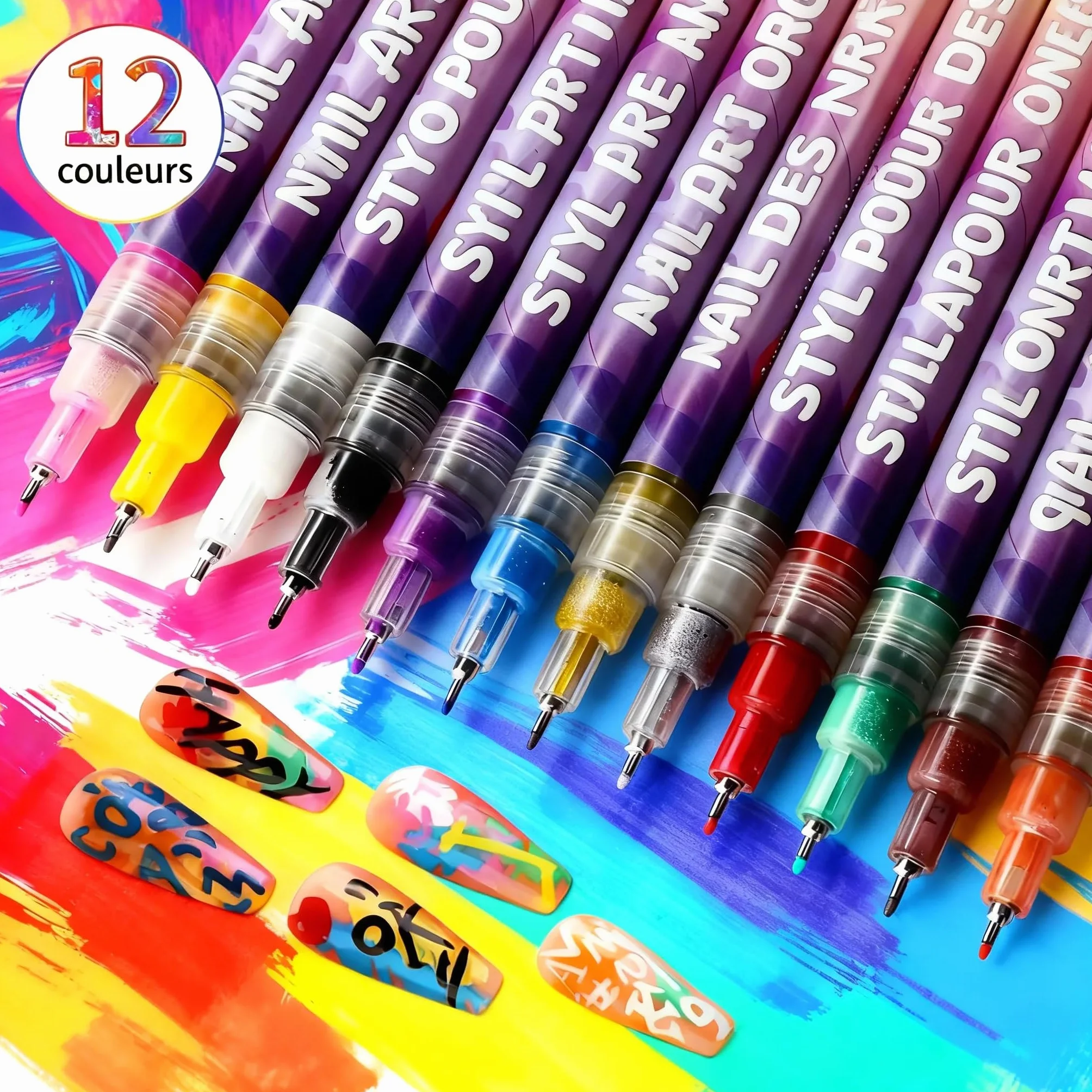 Kit de 12 Feutres Vernis à Ongles Stylo 3D Nail Art Professionnel Pointe Métallique Fine 0.5mm