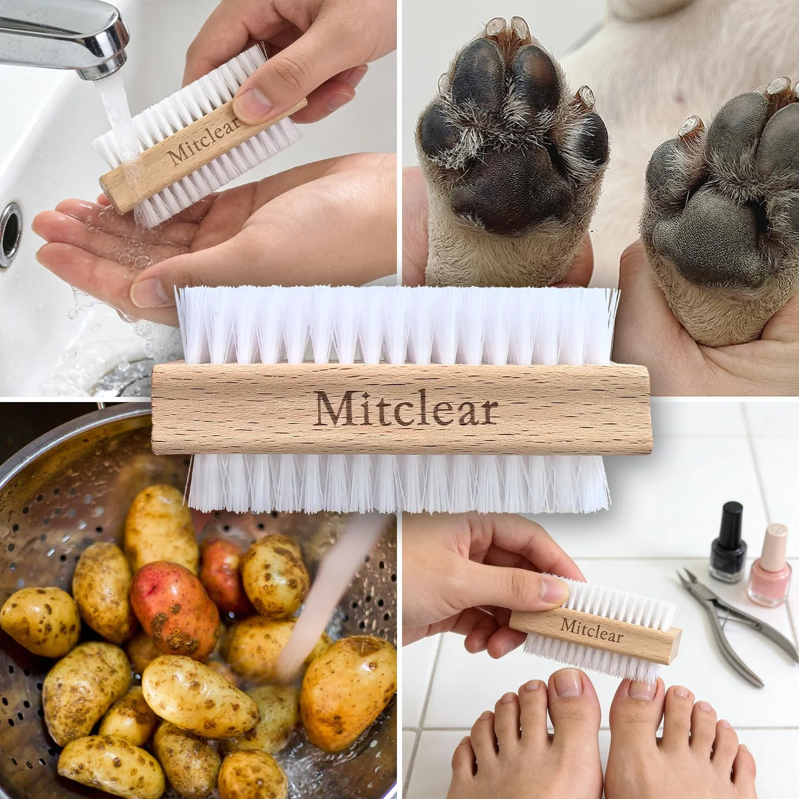 Brosse à Ongles et Main en Bois Lot de 3, Brosses de Nettoyage à Poils Plastiques Rigides Double Face
