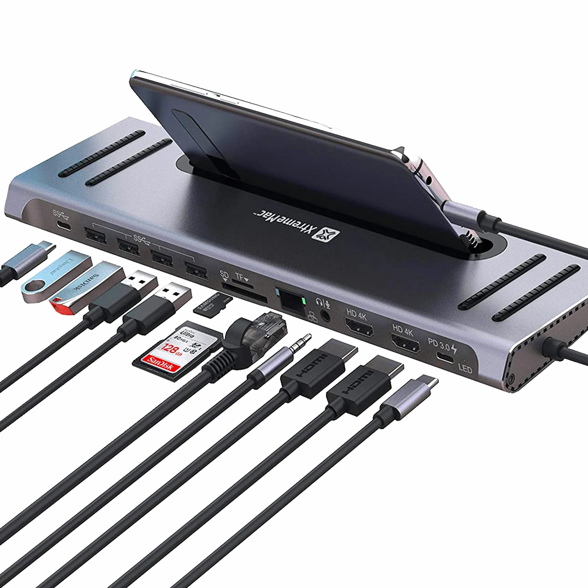 XtremeMac Adaptateur Hub USB-C 12 en 1 - Station d'accueil pour Apple MacBook Type C, Ethernet, 4X USB 3.0, 2X USB C PD, 2X 4K HDMI, Micro Audio, Lecteur Carte SD/TF