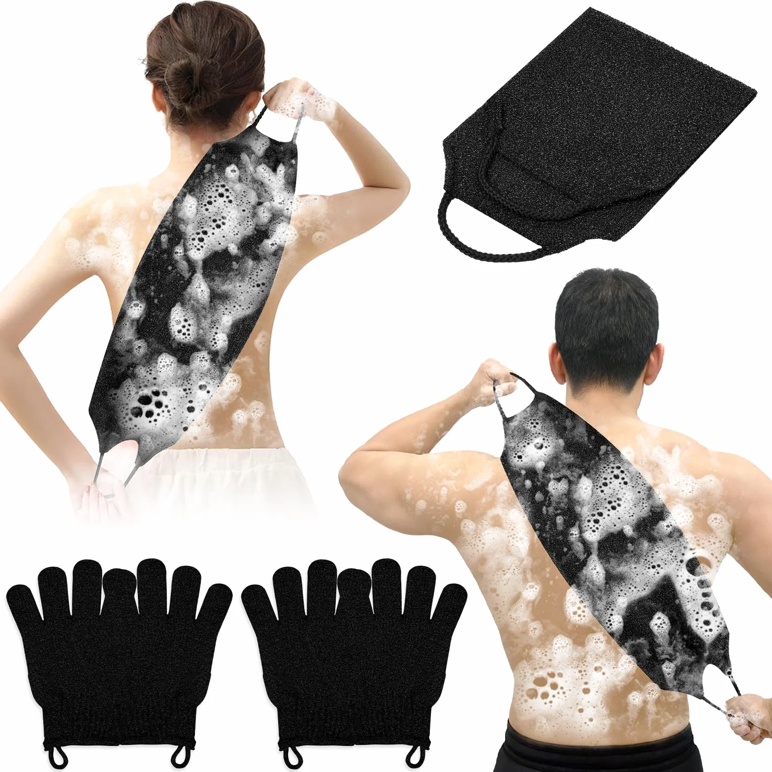 Vicloon Gants Exfoliants Douche 4PCS avec Sangle de Bain - Élimine Peaux Mortes Poils Incarnés Noir