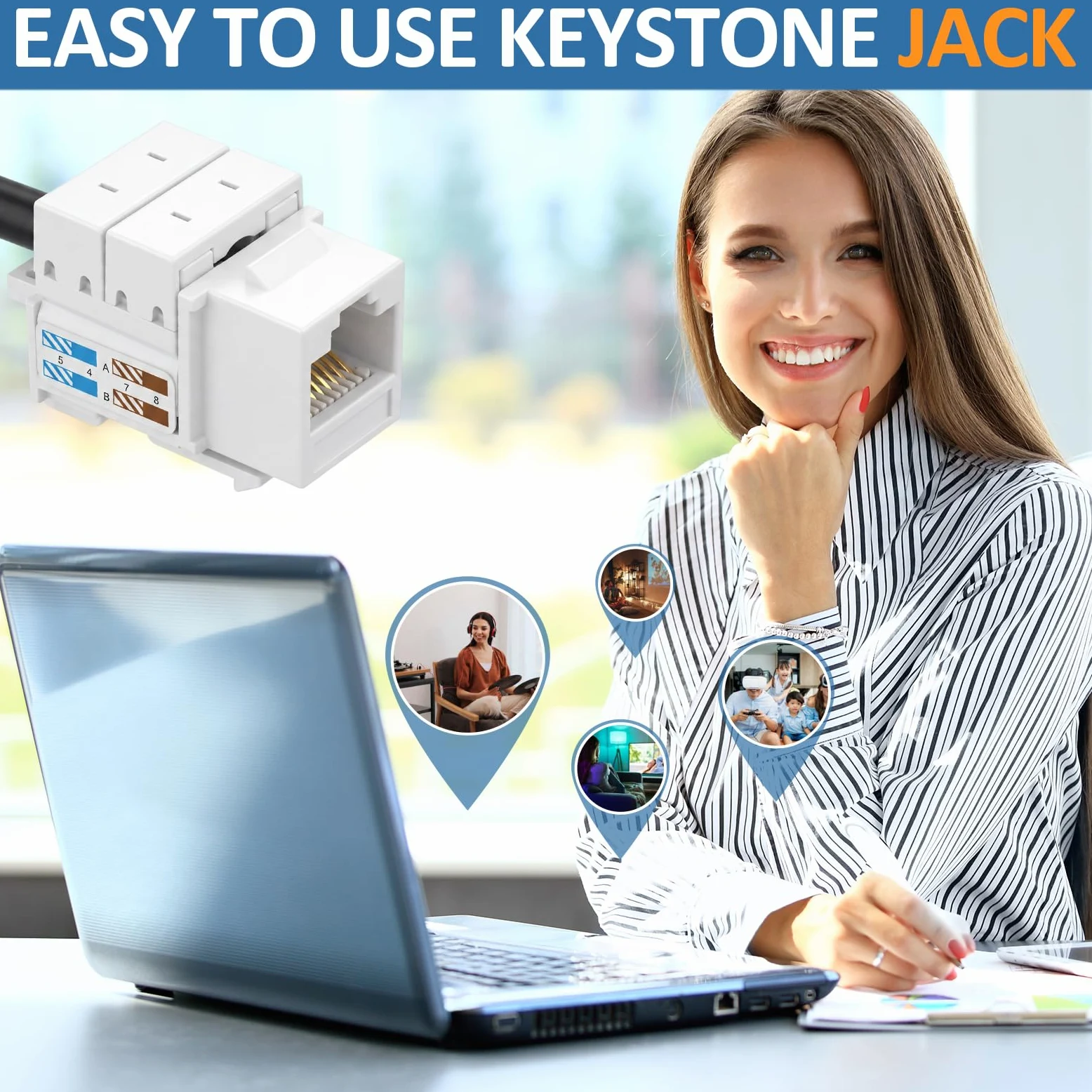 Hoteam Lot de 125 prises Keystone Cat6, coupleur modulaire Ethernet RJ45, connecteur UTP à 90 degrés pour plaque murale, panneau et boîtier de montage en surface (blanc)