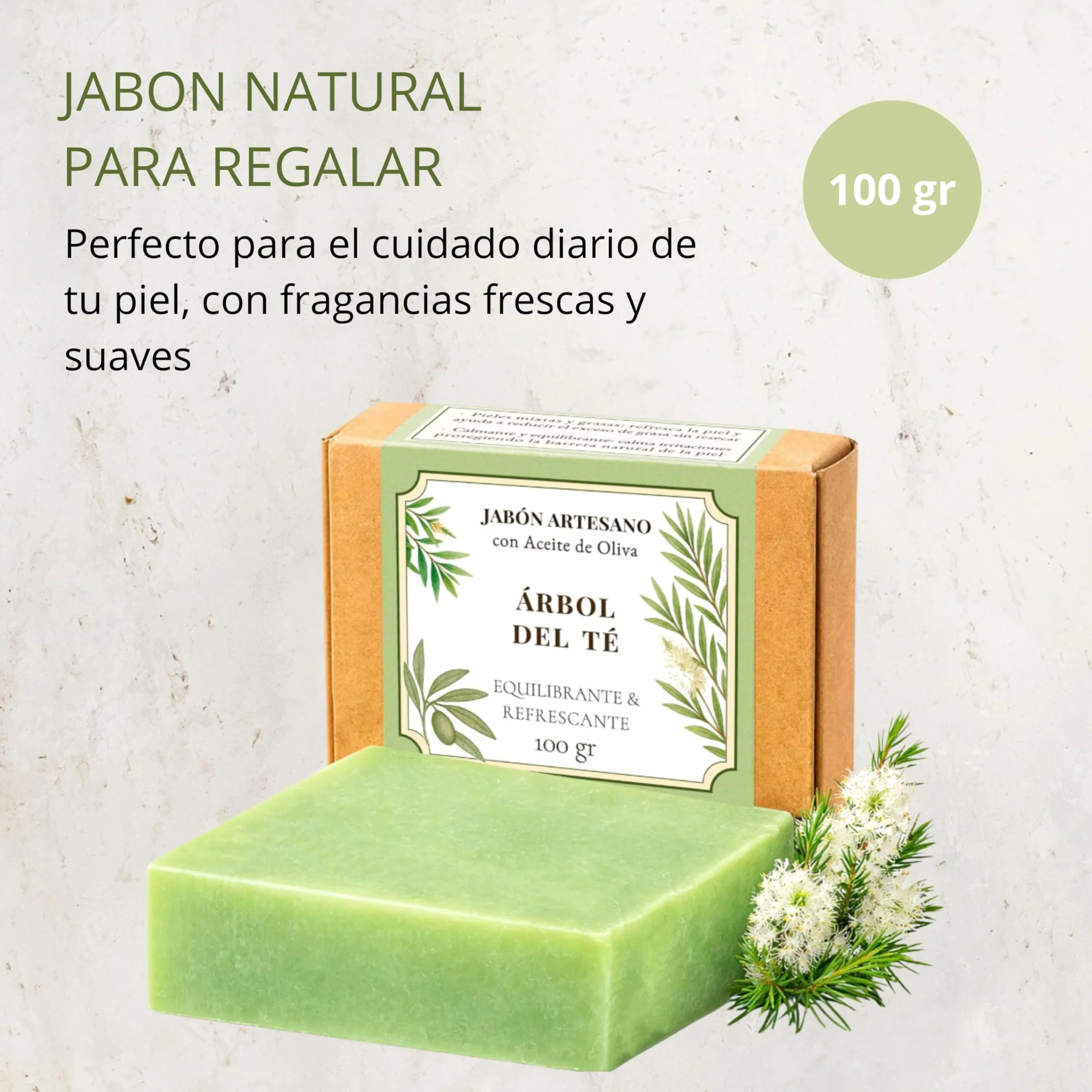 Savon Tea Tree à l'huile d'olive 100 g – savon solide corps et visage, cosmétique naturelle pour peaux grasses et mixtes