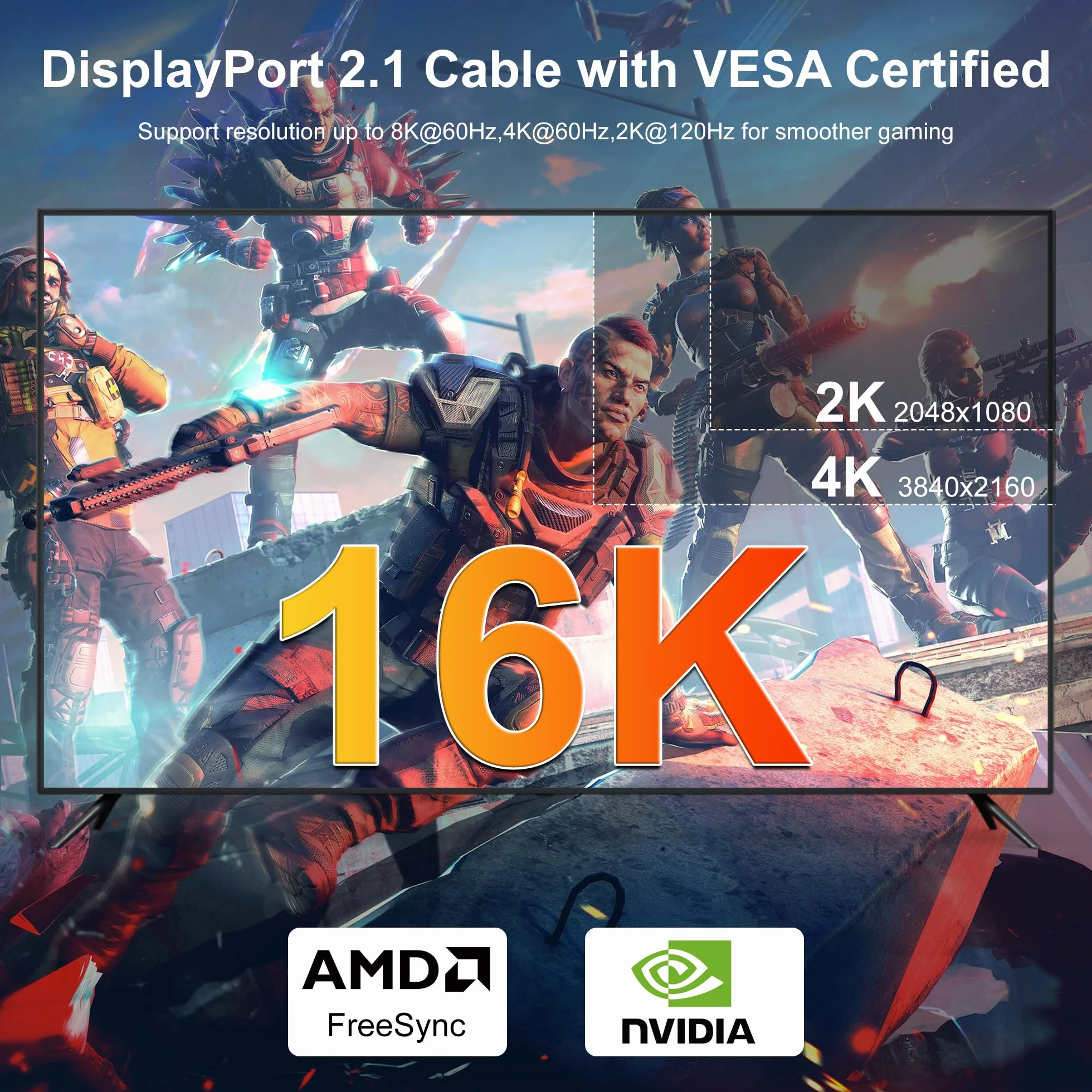 Câble DisplayPort 2.1 1m 16K 8K 4K@144Hz 40 Gbit/s pour Ordinateur Portable TV Gaming