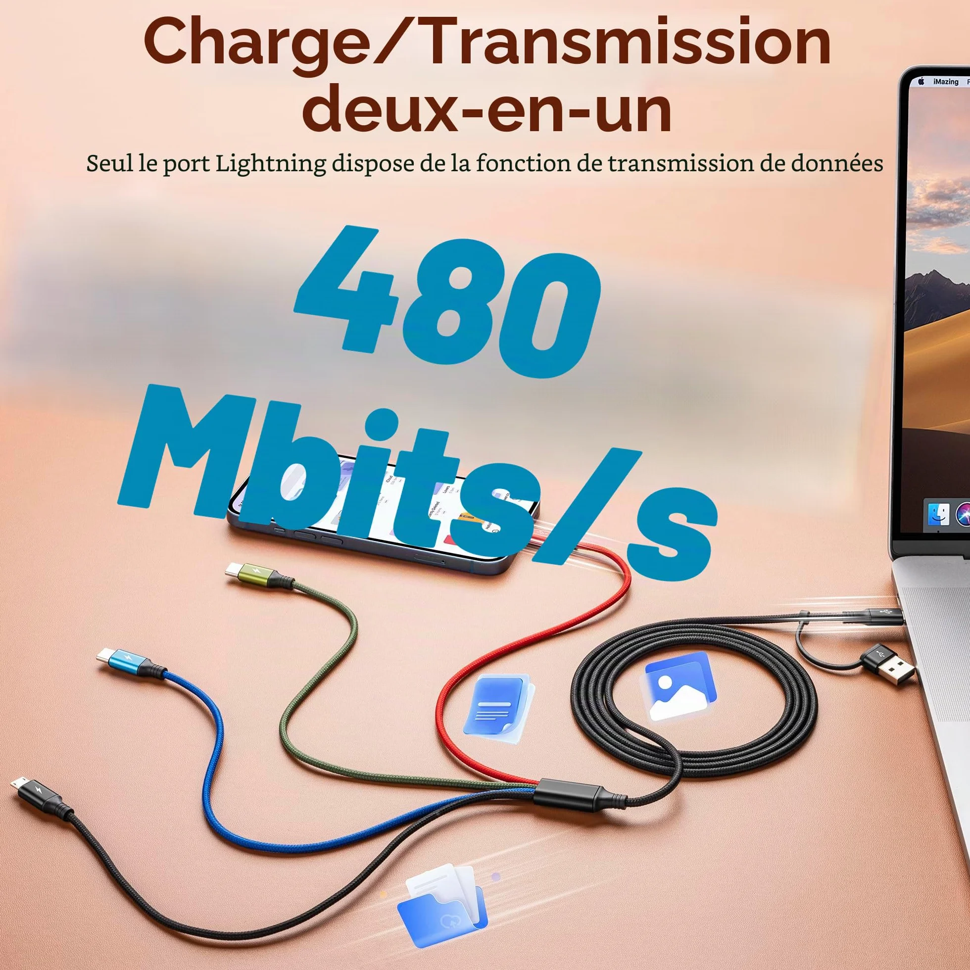 Minlu Câble de Charge Double Type C, Multi USB 4 en 2 [3,5A 1,8M] Charge Rapide USB A/C vers 2*USB-C+Lightning+Micro pour iPhone/Galaxy/Android/Tablette