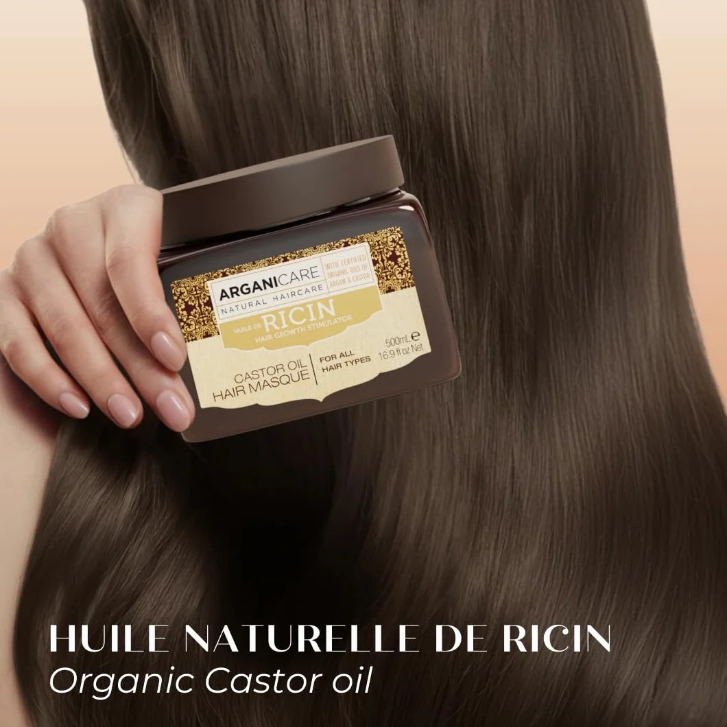 ARGANICARE Masque Cheveux Huile de Ricin Bio & Argan 500 ml – Soin Hydratant Réparateur Anti-Casse pour Cheveux Secs et Abîmés