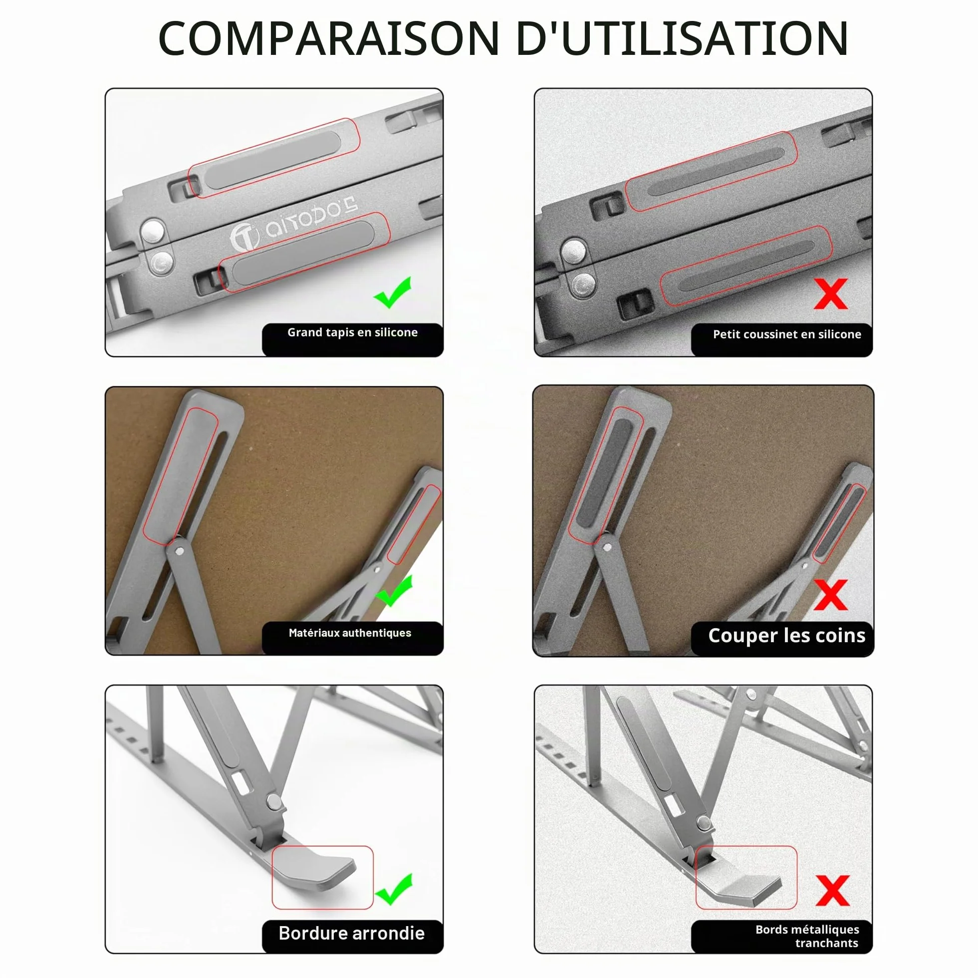AiTodos® Support Ordinateur Portable Alliage Aluminium Léger Compact Pliable Réglage 6 Vitesses Argent