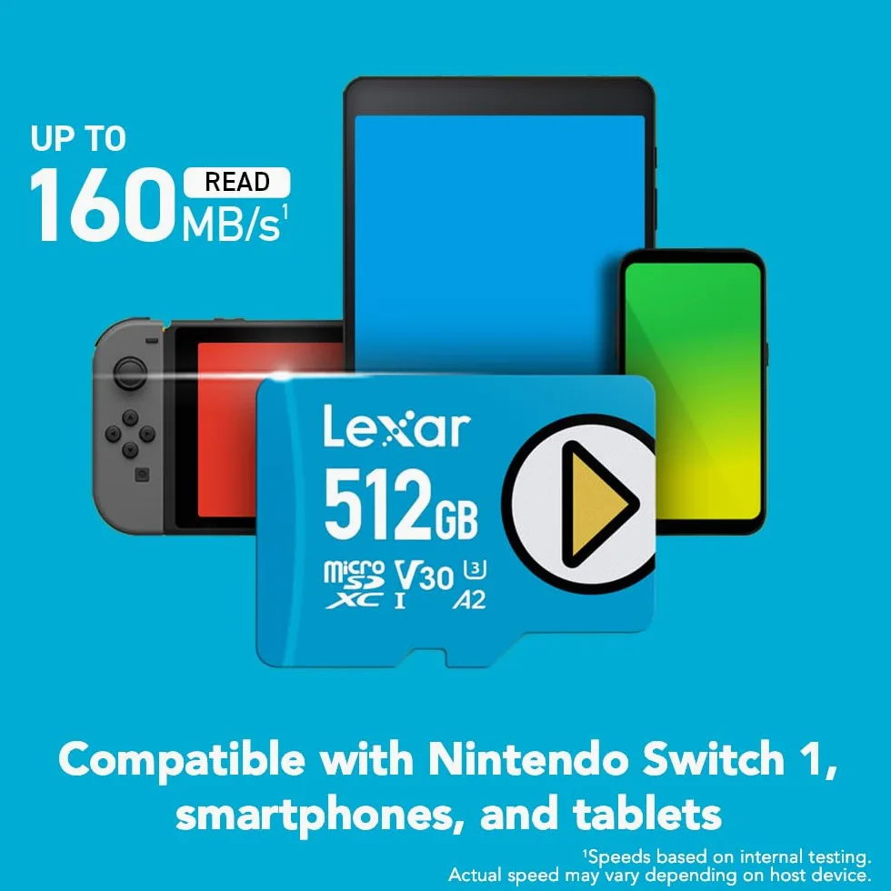 Lexar Carte mémoire microSDXC Play Blue, UHS-I, C10, U3, V30, A2, vidéo 4K, jusqu'à 160 Mo/s en lecture, stockage étendu pour Nintendo-Switch, appareils de jeu, smartphones, tablettes
